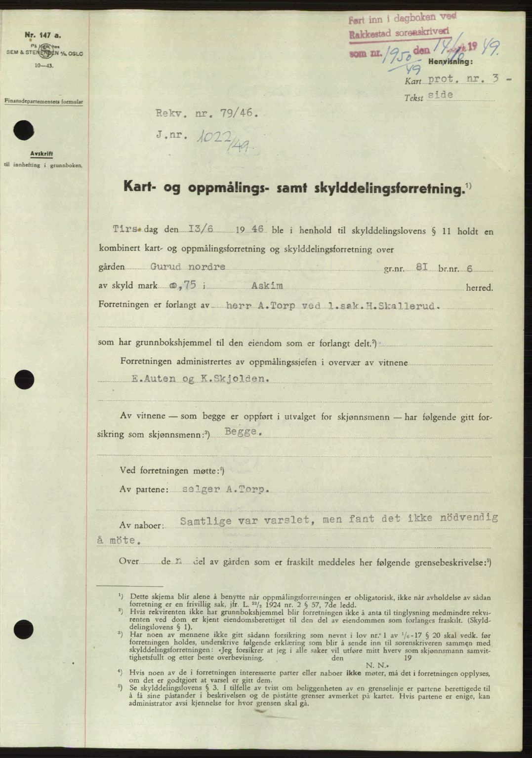 Rakkestad sorenskriveri, SAO/A-10686/G/Gb/Gba/Gbab/L0019: Pantebok nr. A19, 1949-1950, Dagboknr: 1950/1949