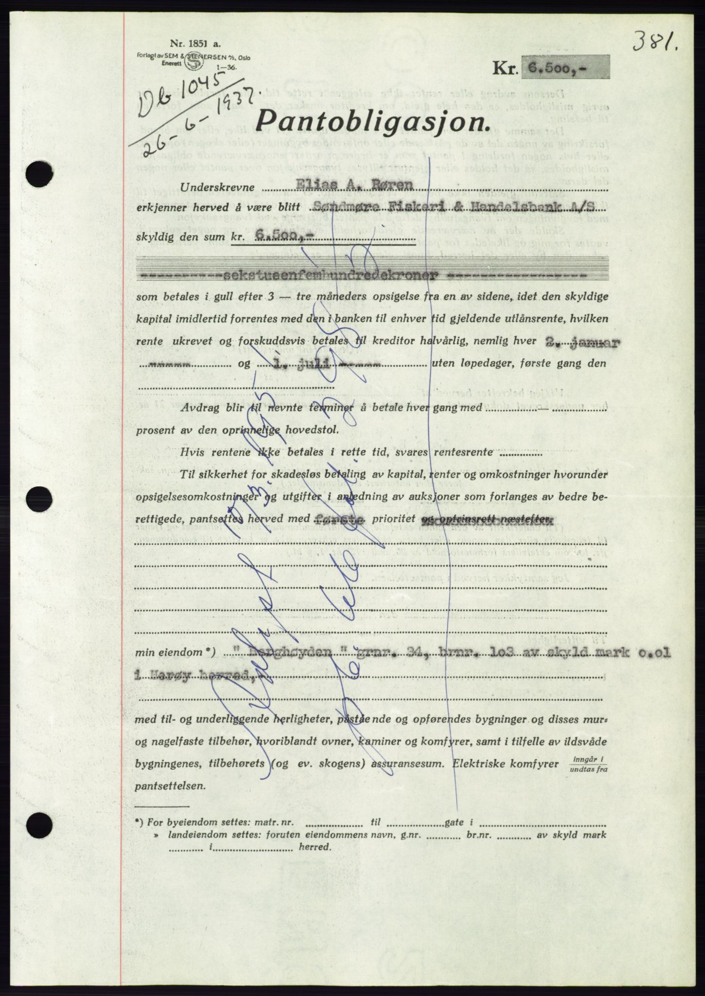 Søre Sunnmøre sorenskriveri, AV/SAT-A-4122/1/2/2C/L0063: Pantebok nr. 57, 1937-1937, Dagboknr: 1045/1937