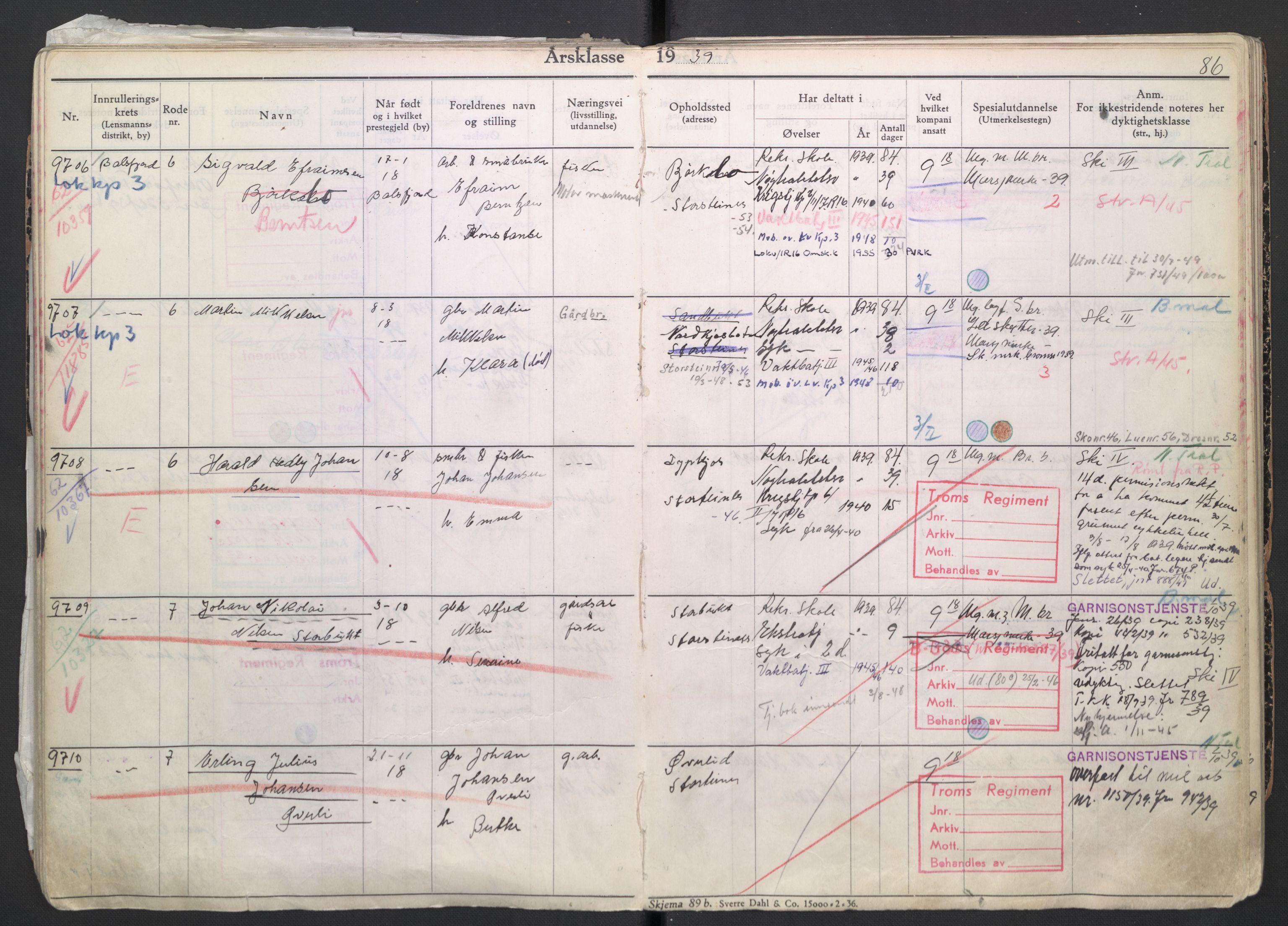 Forsvaret, Troms infanteriregiment nr. 16, AV/RA-RAFA-3146/P/Pa/L0007/0004: Ruller / Rulle for regimentets menige mannskaper, årsklasse 1939, 1939, s. 86