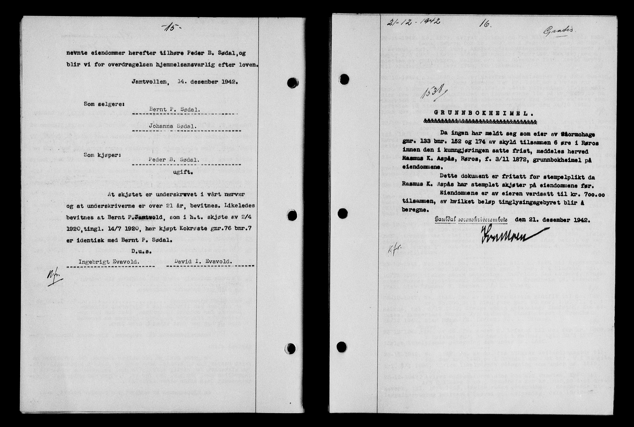 Gauldal sorenskriveri, SAT/A-0014/1/2/2C/L0056: Pantebok nr. 61, 1942-1943, Dagboknr: 1538/1942