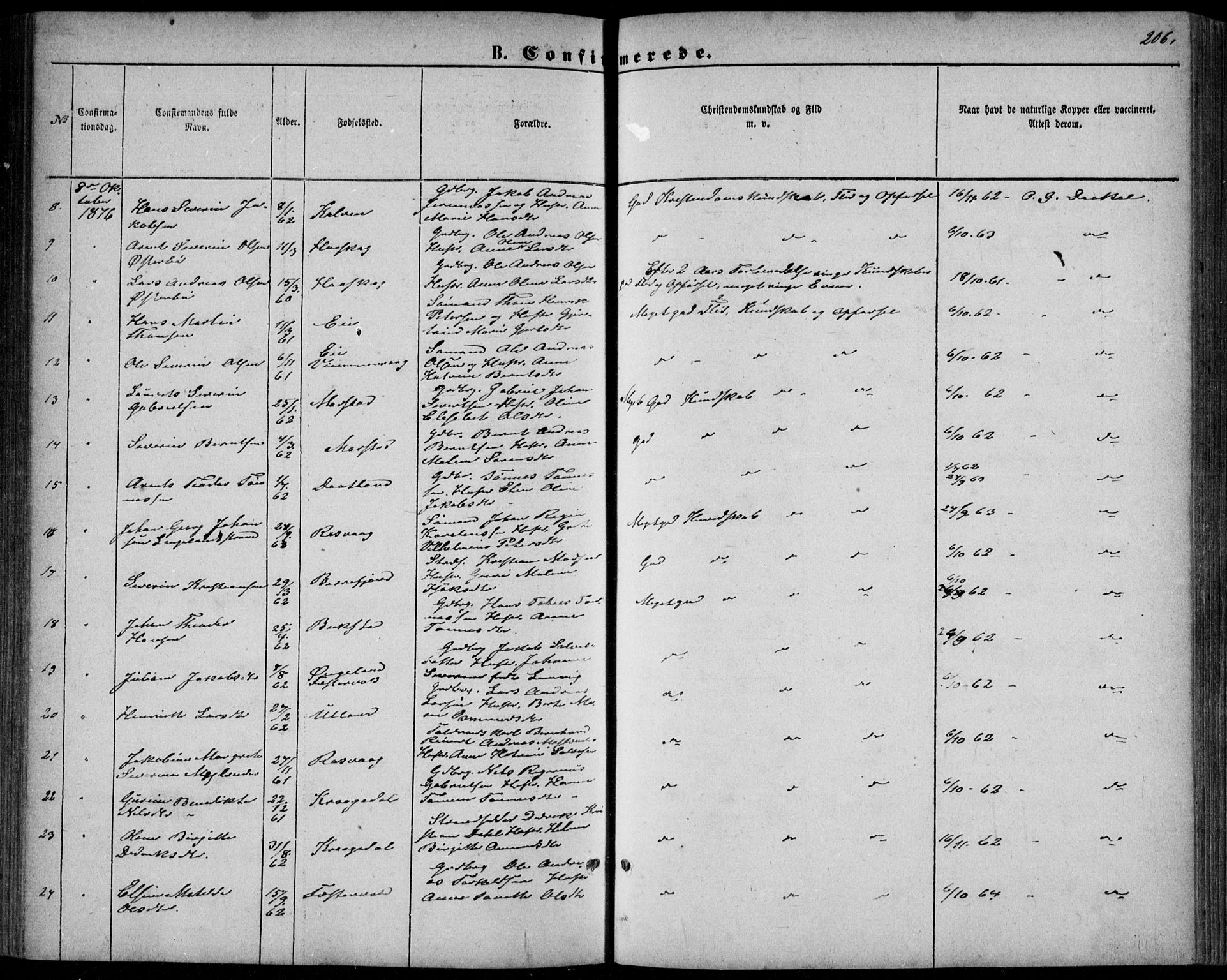 Flekkefjord sokneprestkontor, AV/SAK-1111-0012/F/Fb/Fbb/L0003: Klokkerbok nr. B 3, 1867-1889, s. 206