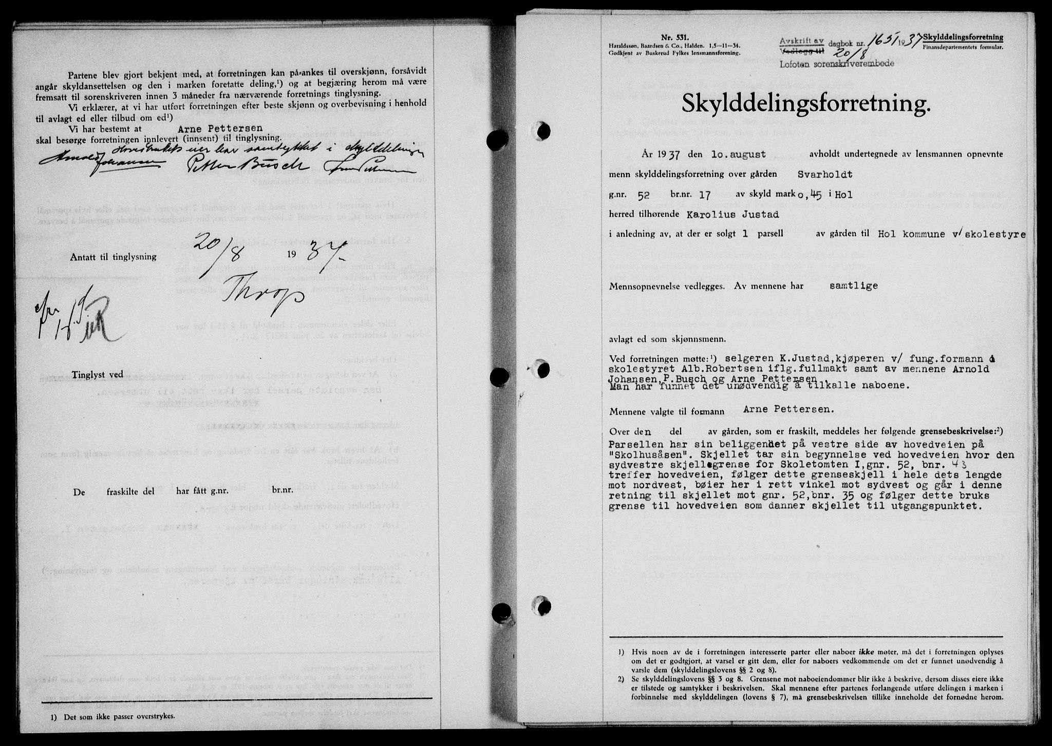 Lofoten sorenskriveri, SAT/A-0017/1/2/2C/L0002a: Pantebok nr. 2a, 1937-1937, Dagboknr: 1651/1937