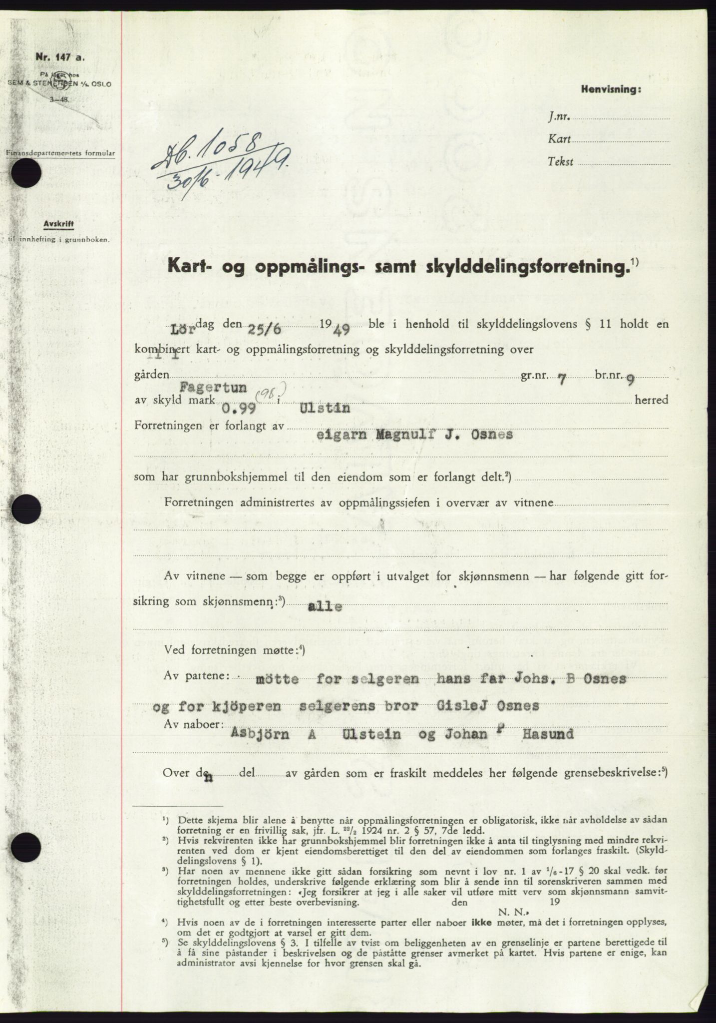 Søre Sunnmøre sorenskriveri, SAT/A-4122/1/2/2C/L0084: Pantebok nr. 10A, 1949-1949, Dagboknr: 1058/1949