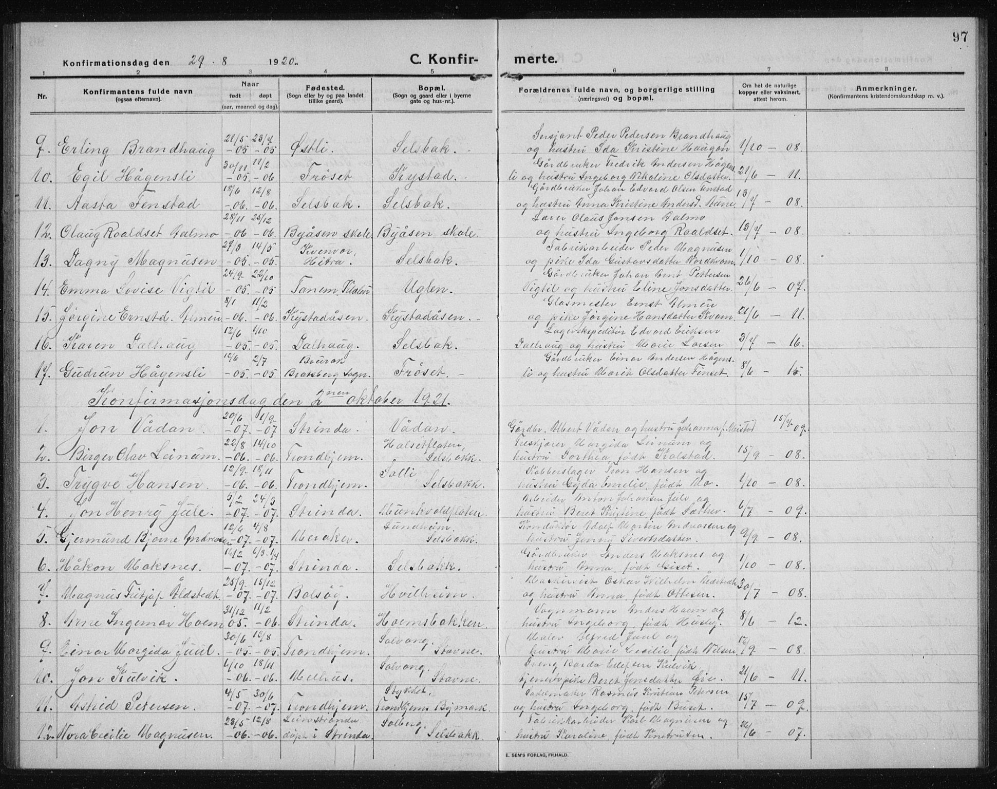 Ministerialprotokoller, klokkerbøker og fødselsregistre - Sør-Trøndelag, SAT/A-1456/611/L0356: Klokkerbok nr. 611C04, 1914-1938, s. 97