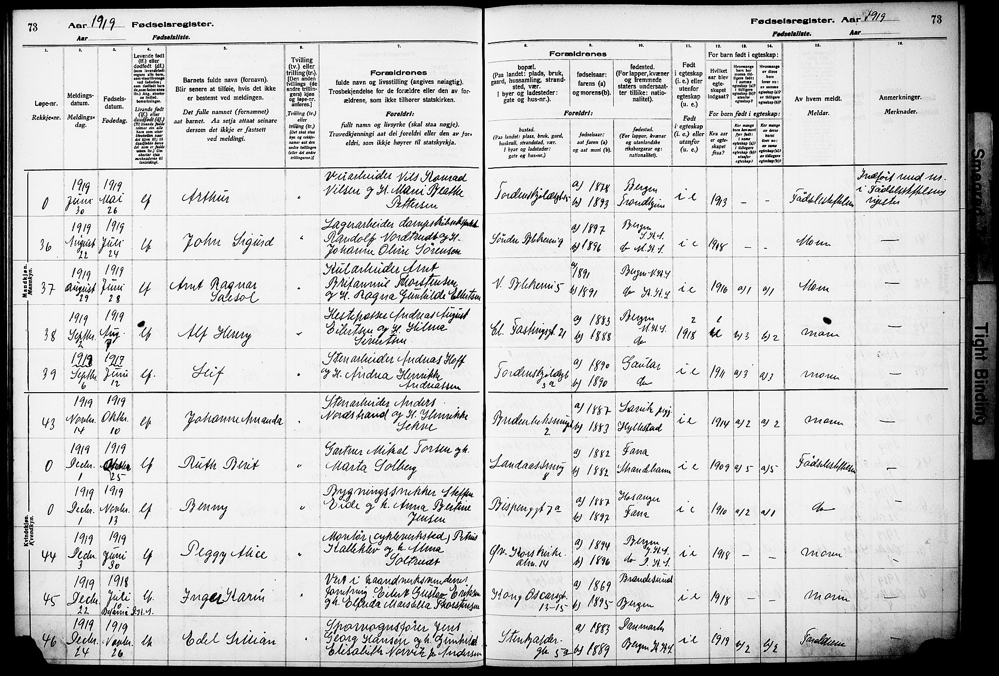 Korskirken sokneprestembete, SAB/A-76101/I/Id/L00A1: Fødselsregister nr. A 1, 1916-1929, s. 73