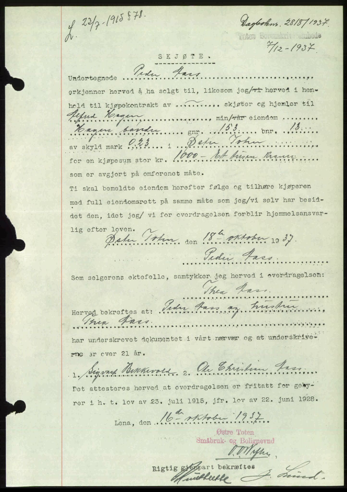 Toten tingrett, SAH/TING-006/H/Hb/Hbc/L0003: Pantebok nr. Hbc-03, 1937-1938, Dagboknr: 2818/1937