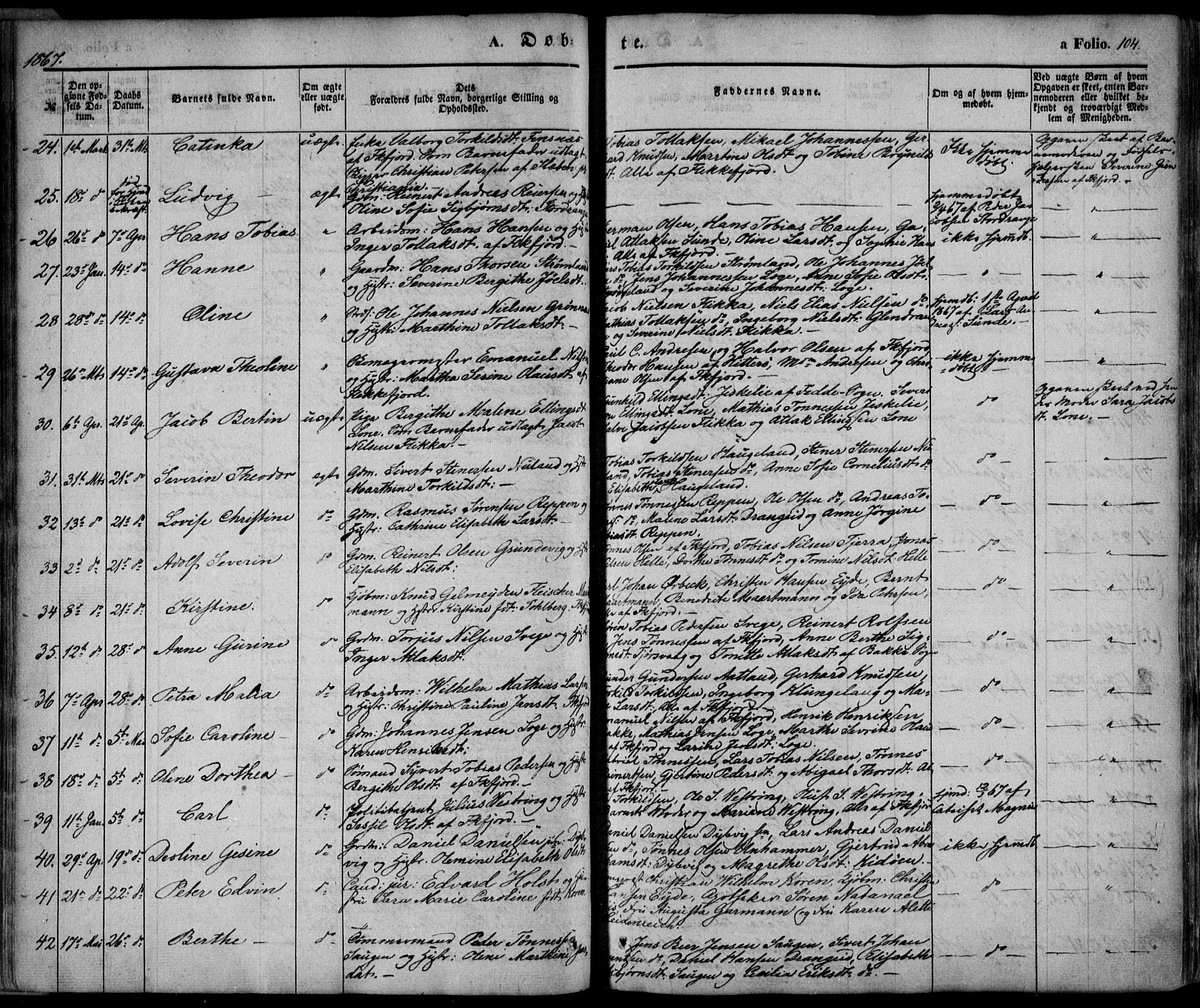 Flekkefjord sokneprestkontor, AV/SAK-1111-0012/F/Fa/Fac/L0005: Ministerialbok nr. A 5, 1849-1875, s. 104