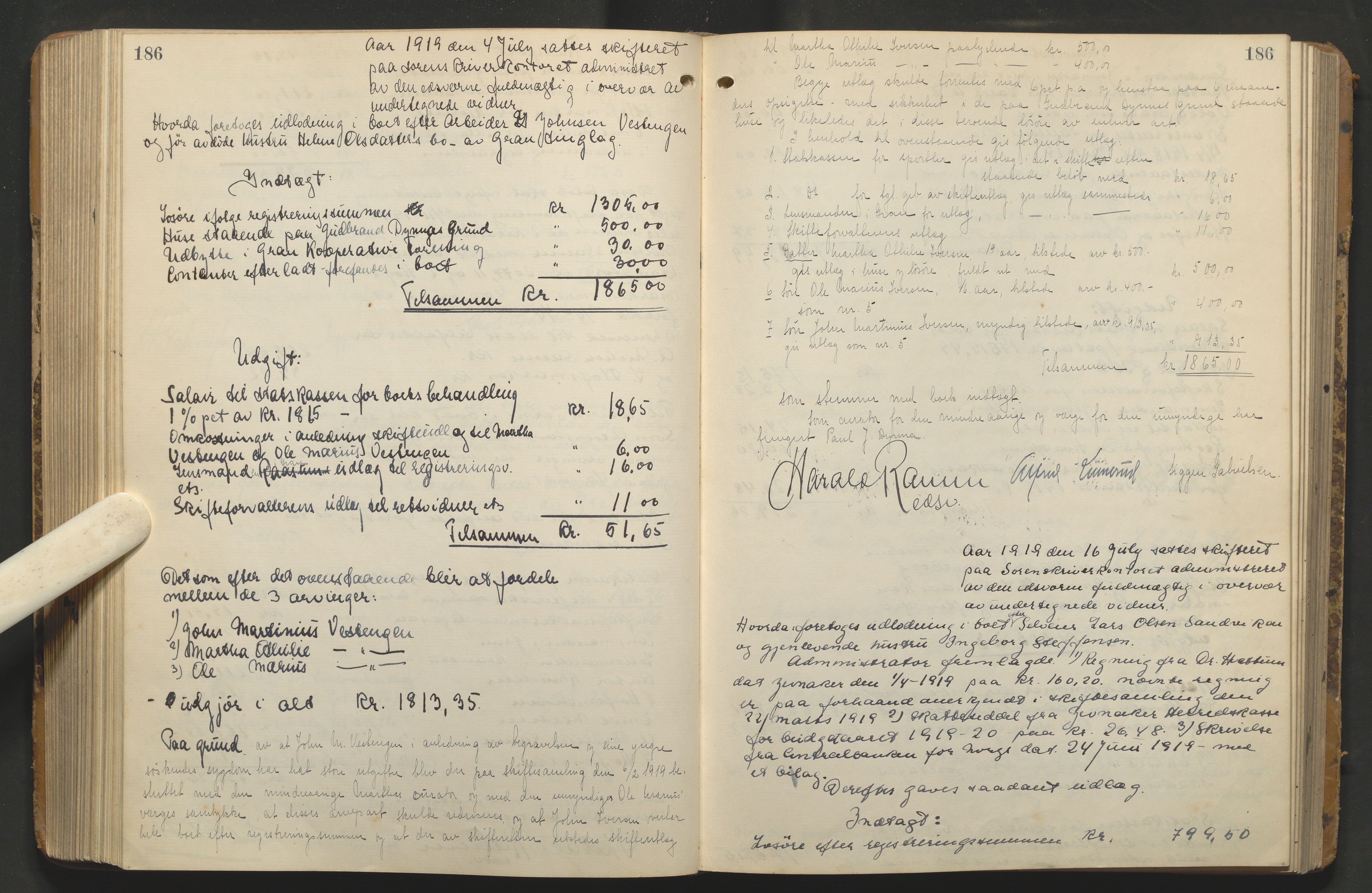 Hadeland og Land tingrett, AV/SAH-TING-010/J/Jd/L0005: Skifteutlodningsprotokoll, 1913-1924, s. 186