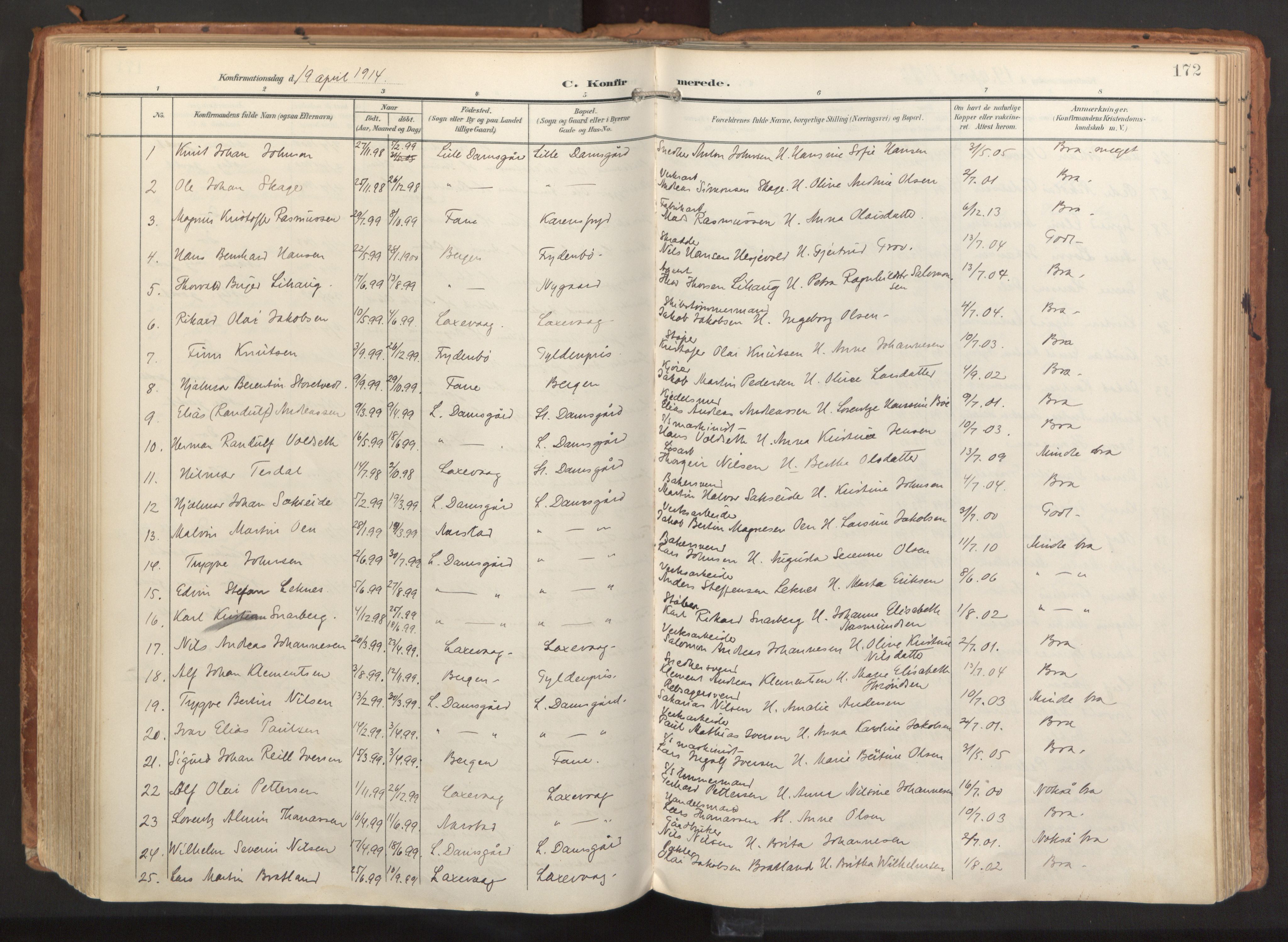 Laksevåg Sokneprestembete, AV/SAB-A-76501/H/Ha/Haa/Haaa/L0001: Ministerialbok nr. A 1, 1903-1917, s. 172