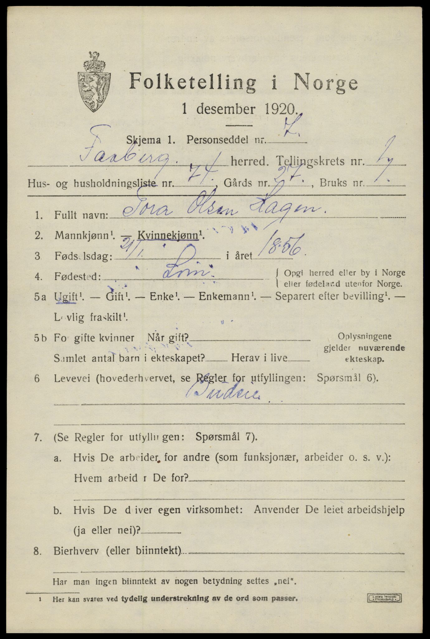 SAH, Folketelling 1920 for 0524 Fåberg herred, 1920, s. 3126