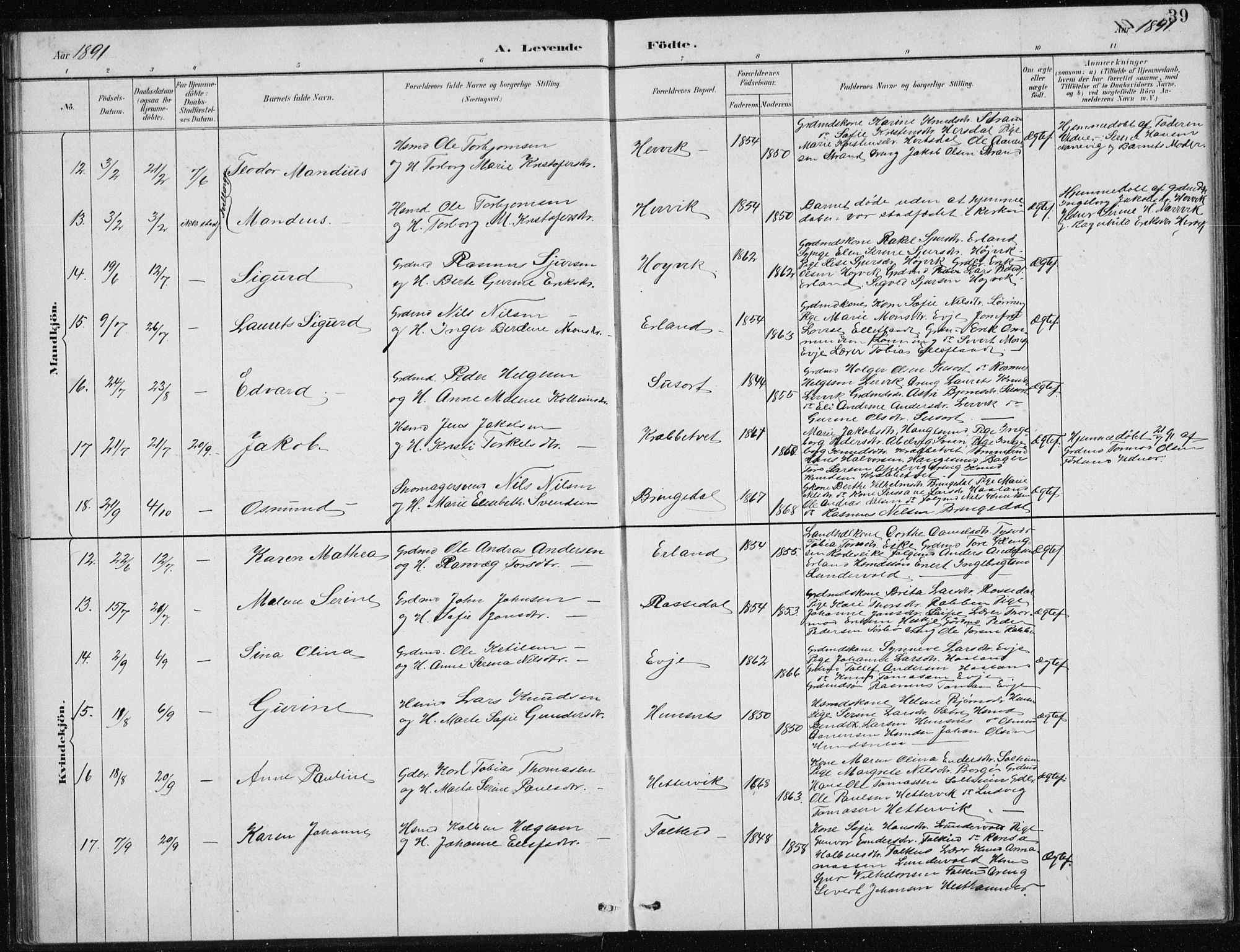 Tysvær sokneprestkontor, AV/SAST-A -101864/H/Ha/Hab/L0004: Klokkerbok nr. B 4, 1883-1896, s. 39