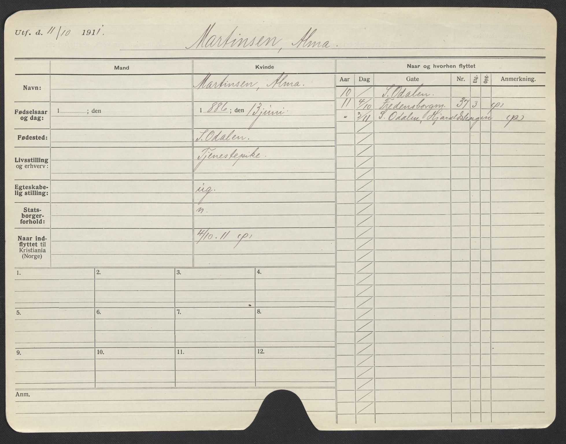 Oslo folkeregister, Registerkort, AV/SAO-A-11715/F/Fa/Fac/L0020: Kvinner, 1906-1914, s. 598a