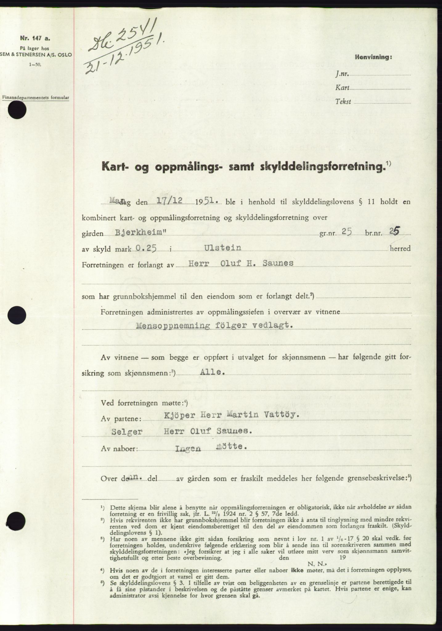 Søre Sunnmøre sorenskriveri, SAT/A-4122/1/2/2C/L0091: Pantebok nr. 17A, 1951-1952, Dagboknr: 2541/1951