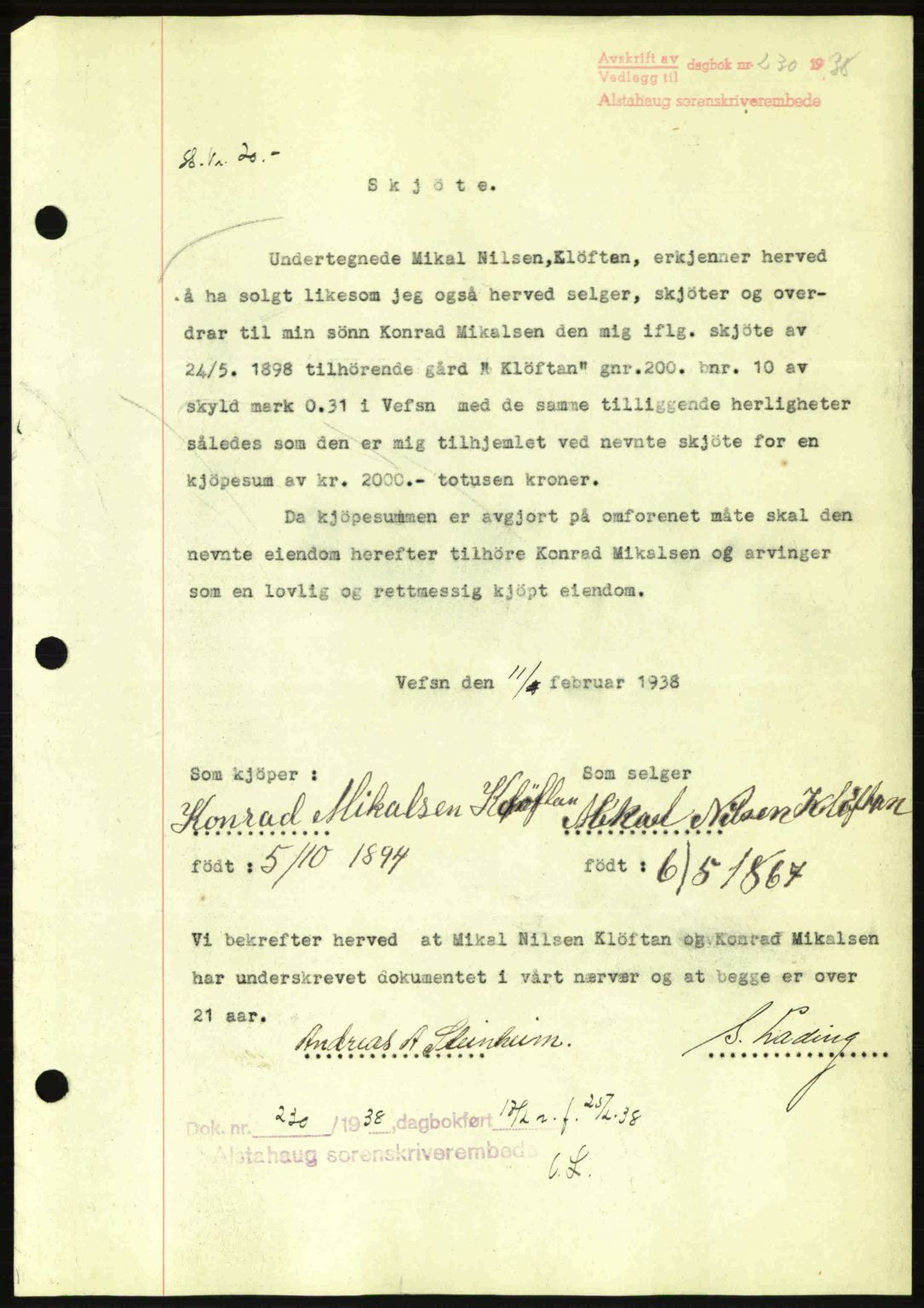 Alstahaug sorenskriveri, SAT/A-1009: Pantebok nr. A3, 1937-1938, Dagboknr: 230/1938
