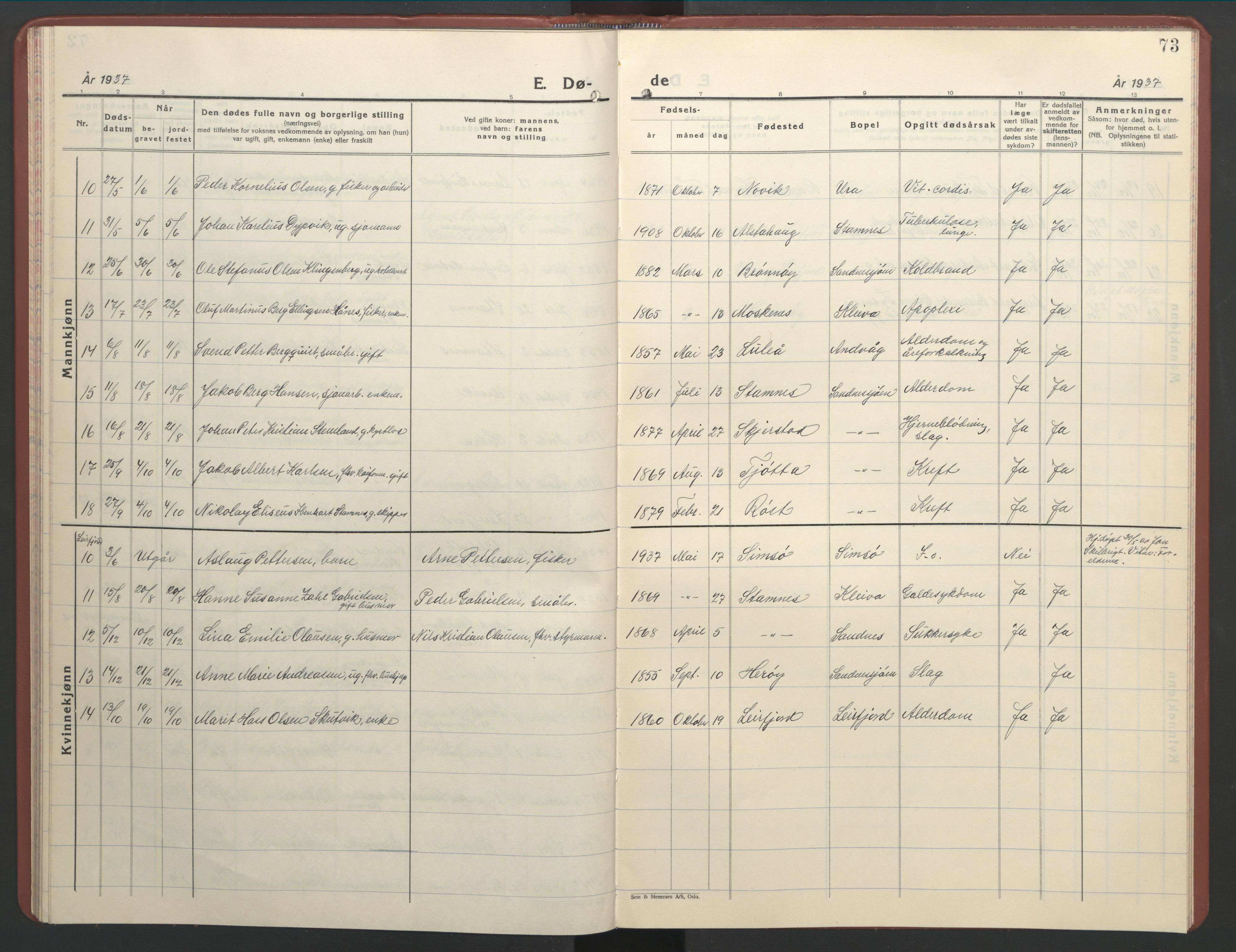 Ministerialprotokoller, klokkerbøker og fødselsregistre - Nordland, AV/SAT-A-1459/831/L0481: Klokkerbok nr. 831C08, 1935-1948, s. 73
