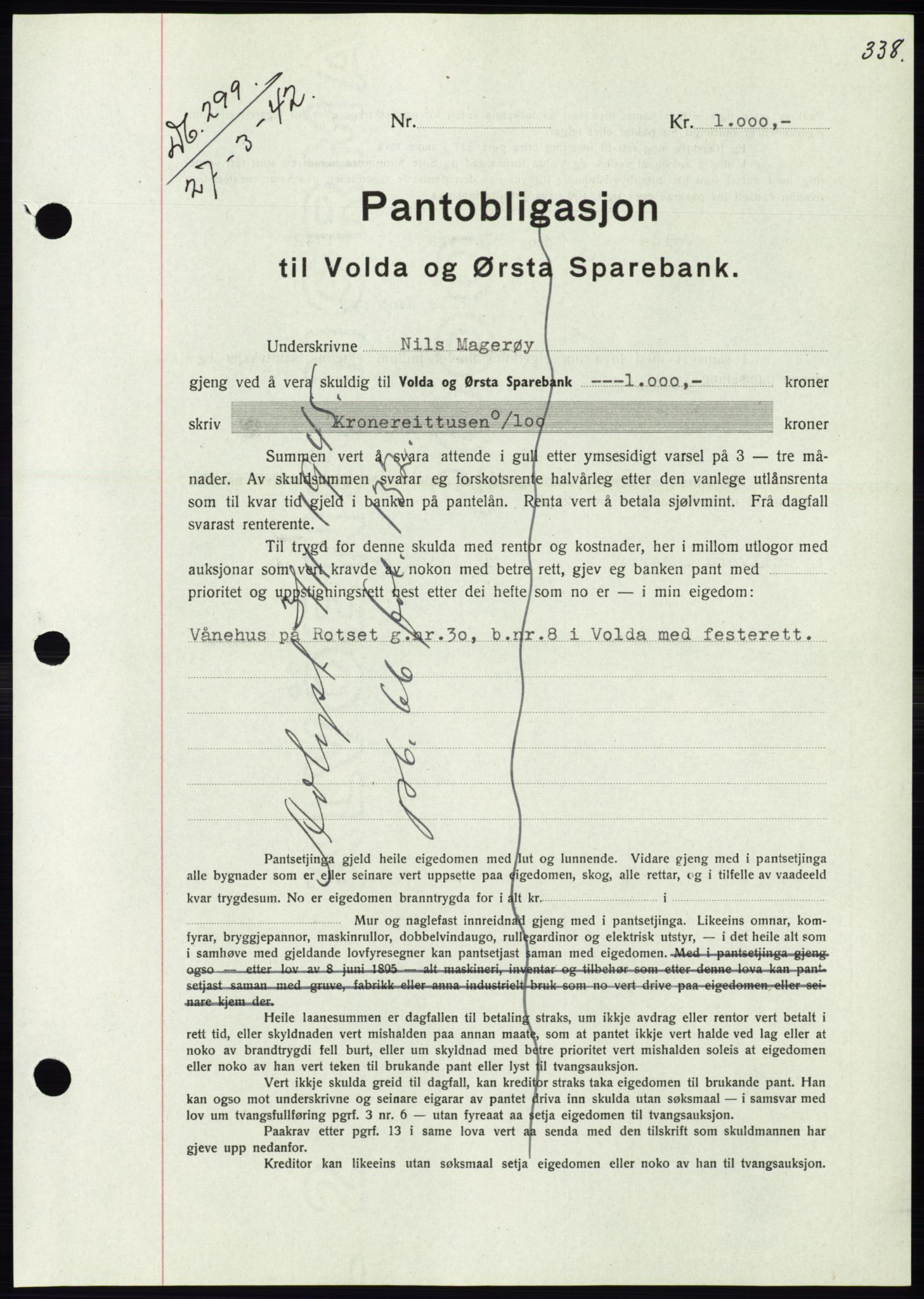 Søre Sunnmøre sorenskriveri, SAT/A-4122/1/2/2C/L0073: Pantebok nr. 67, 1941-1942, Dagboknr: 299/1942