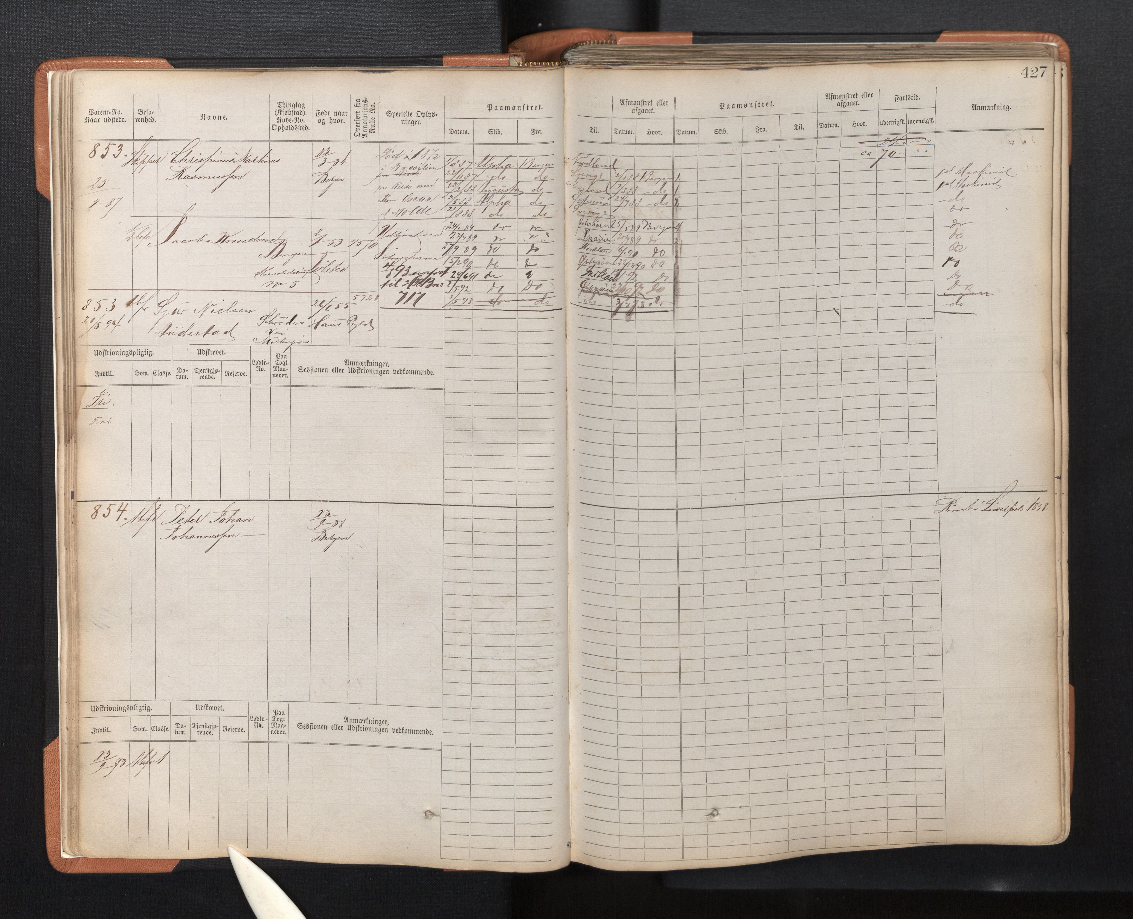 Innrulleringssjefen i Bergen, AV/SAB-A-100050/F/Fc/L0002: Sjøfartshovedrulle, nr. 795 - 1610, 1869-1871, s. 427