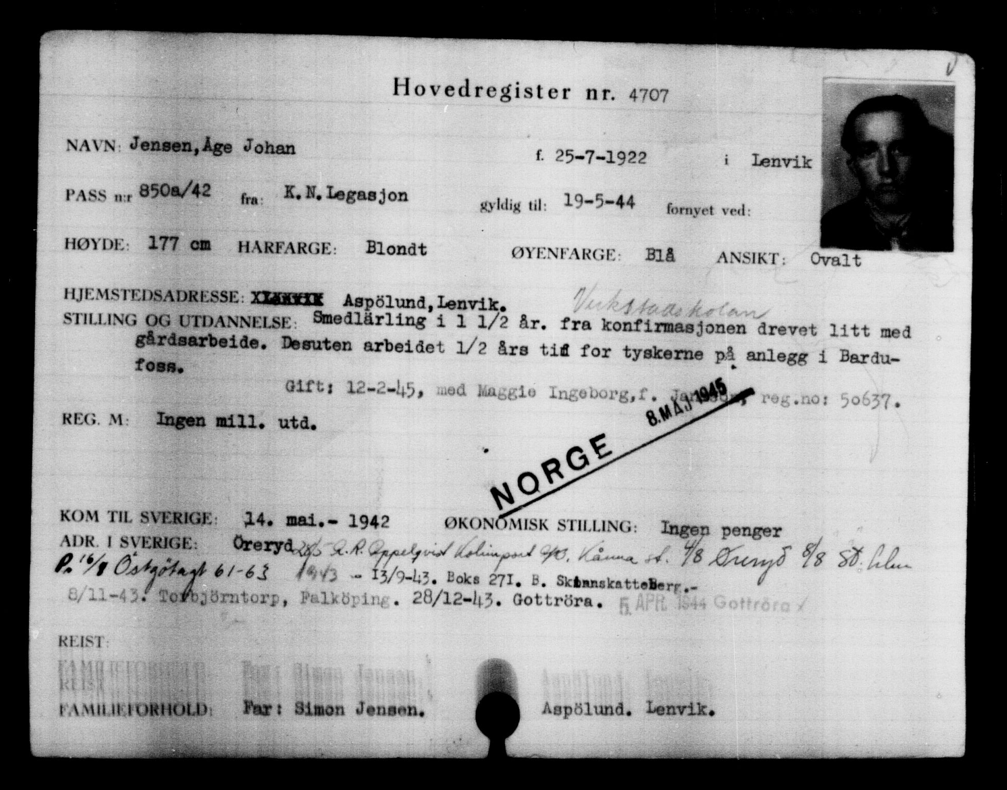 Utenriksstasjonene, Legasjonen i Stockholm, Flyktningkontoret, AV/RA-S-6753/V/Va/L0004: Kjesäterkartoteket, flyktninger med registreringsnr. 3496-6610, 1940-1945, s. 1430