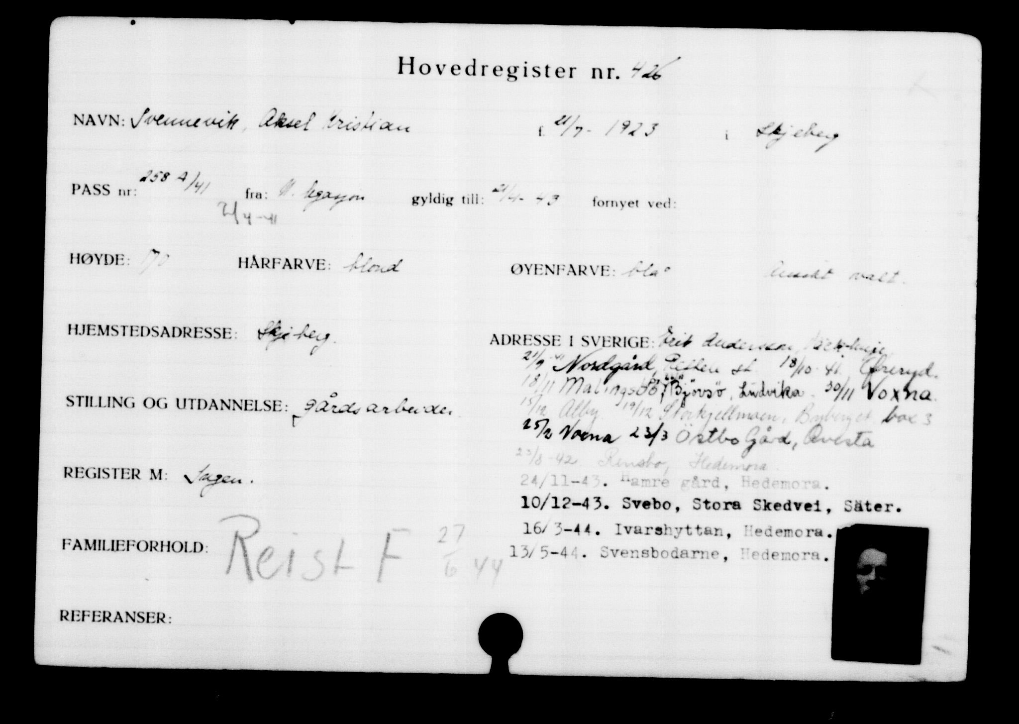 Utenriksstasjonene, Legasjonen i Stockholm, Flyktningkontoret, AV/RA-S-6753/V/Va/L0001: Kjesäterkartoteket, flyktninger med registreringsnr. 1-1000, 1940-1945, s. 666