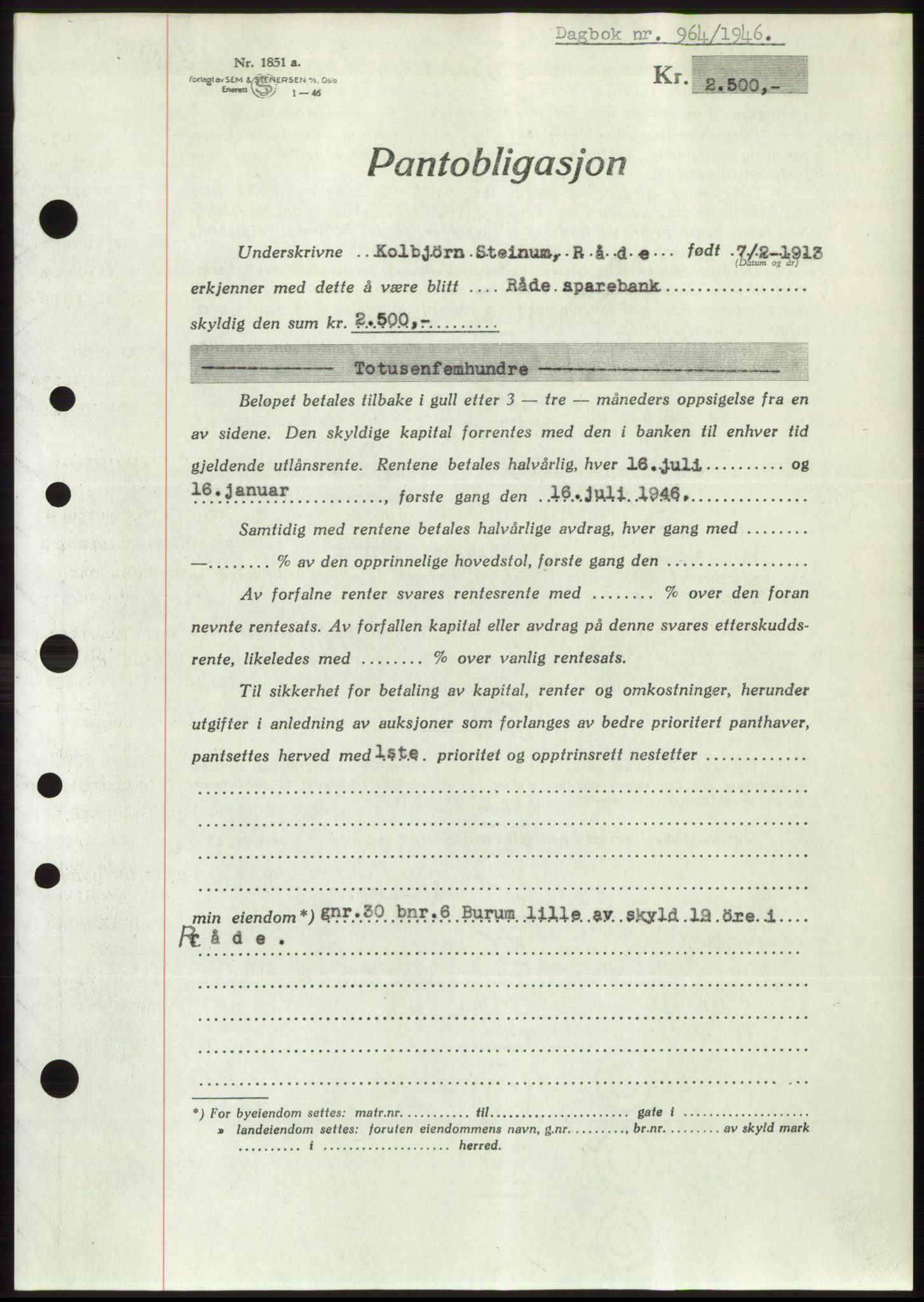 Moss sorenskriveri, SAO/A-10168: Pantebok nr. B15, 1946-1946, Dagboknr: 964/1946