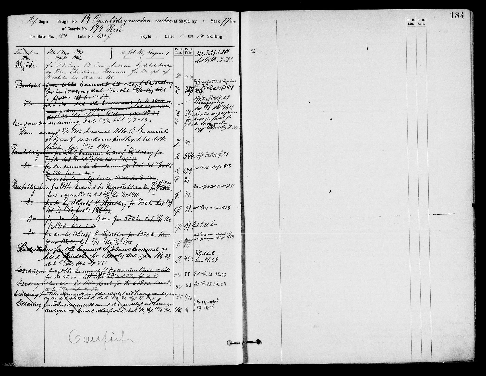 Toten tingrett, SAH/TING-006/H/Ha/Haa/L0033: Panteregister nr. 33, 1908, s. 184