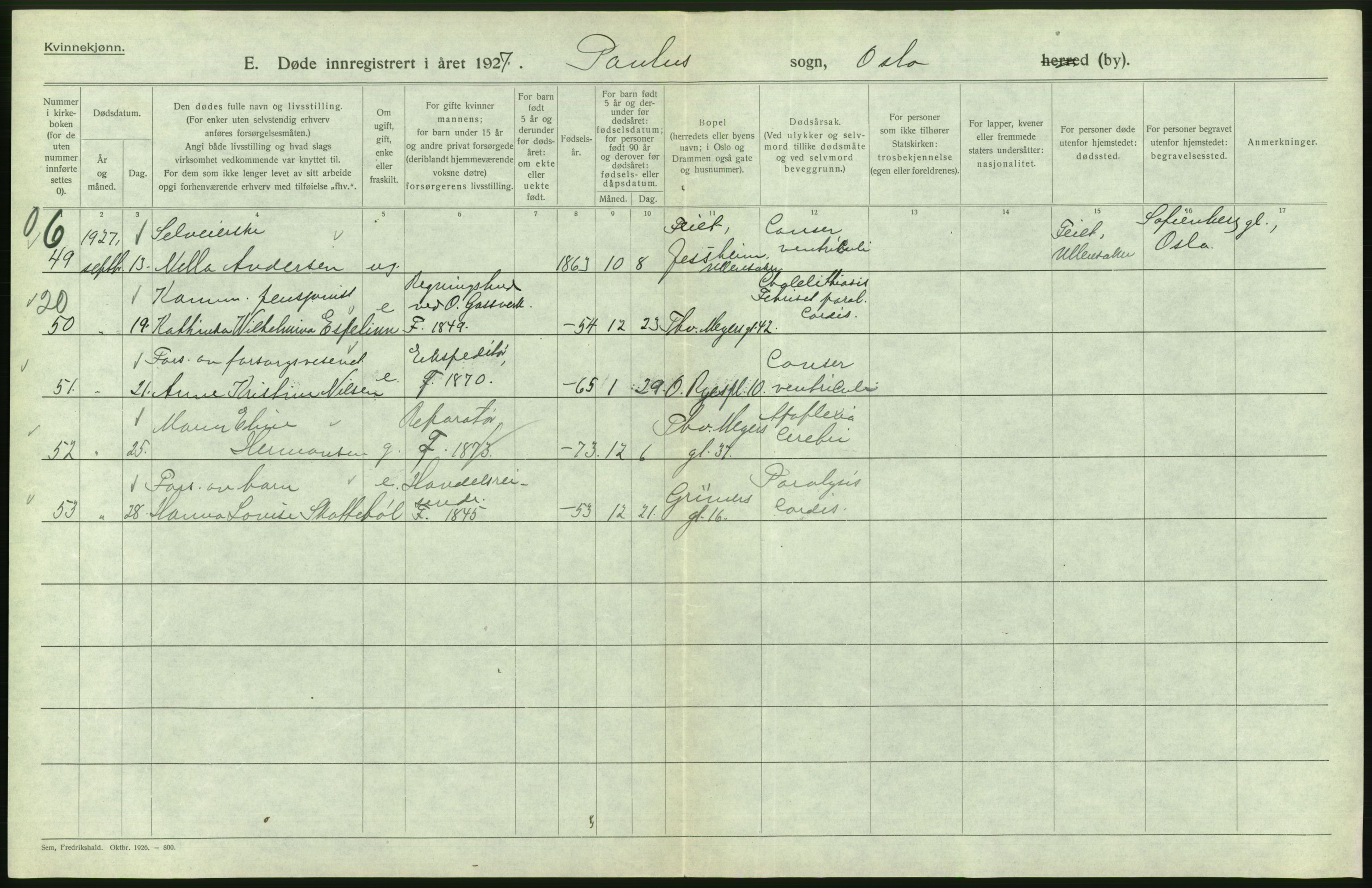 Statistisk sentralbyrå, Sosiodemografiske emner, Befolkning, AV/RA-S-2228/D/Df/Dfc/Dfcg/L0010: Oslo: Døde kvinner, dødfødte, 1927, s. 444