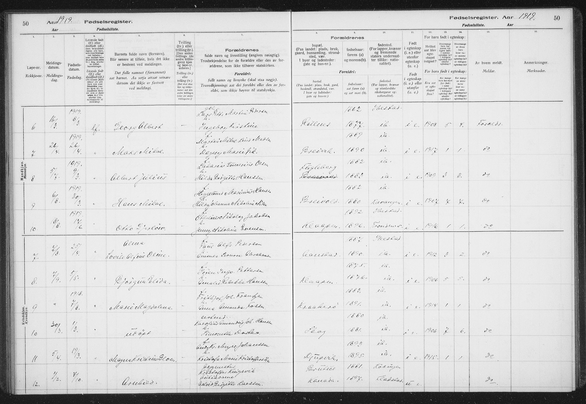 Ibestad sokneprestembete, SATØ/S-0077/I/Ic/L0061: Fødselsregister nr. 61, 1917-1929, s. 50