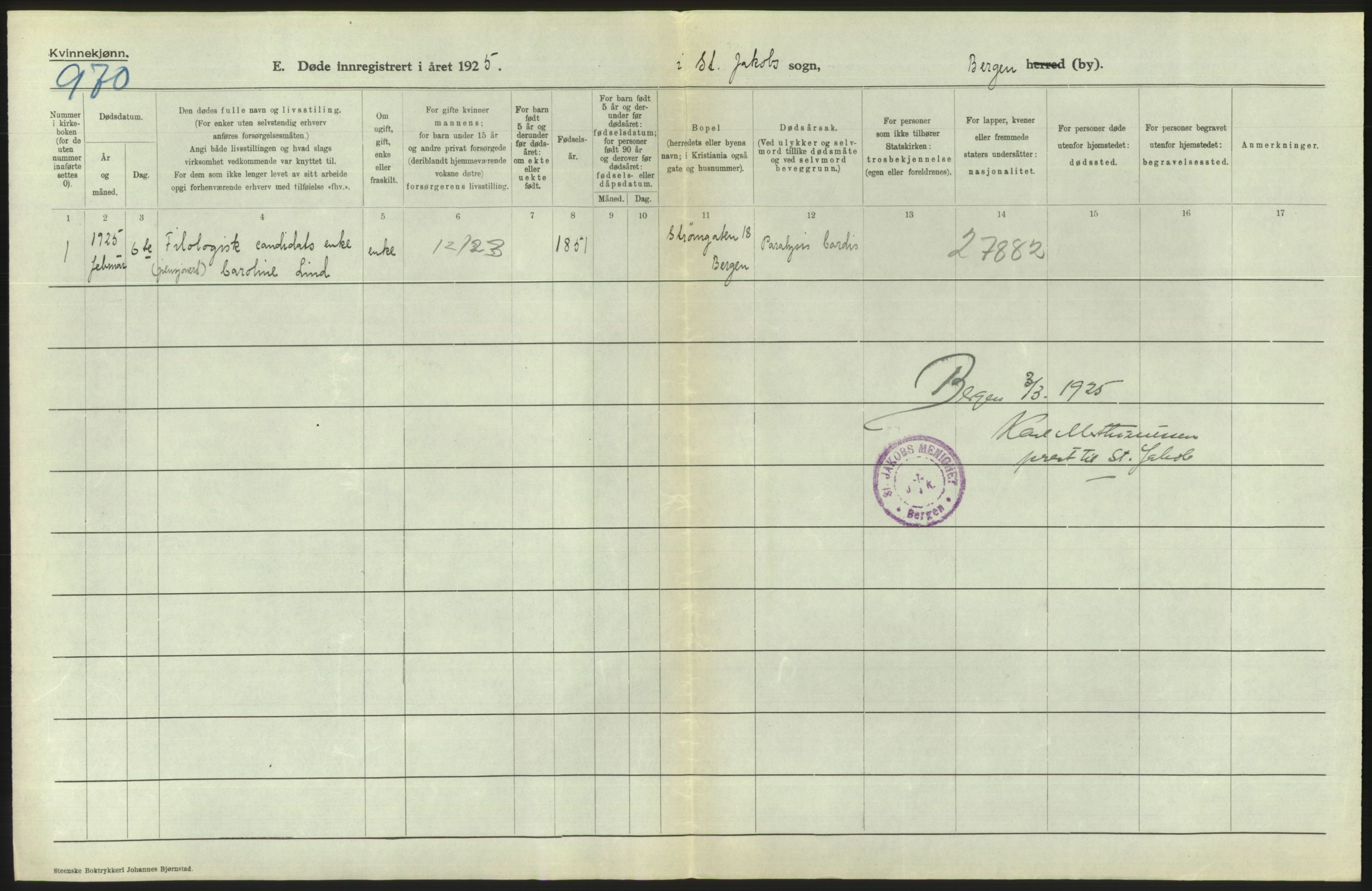 Statistisk sentralbyrå, Sosiodemografiske emner, Befolkning, AV/RA-S-2228/D/Df/Dfc/Dfce/L0029: Bergen: Gifte, døde., 1925, s. 762