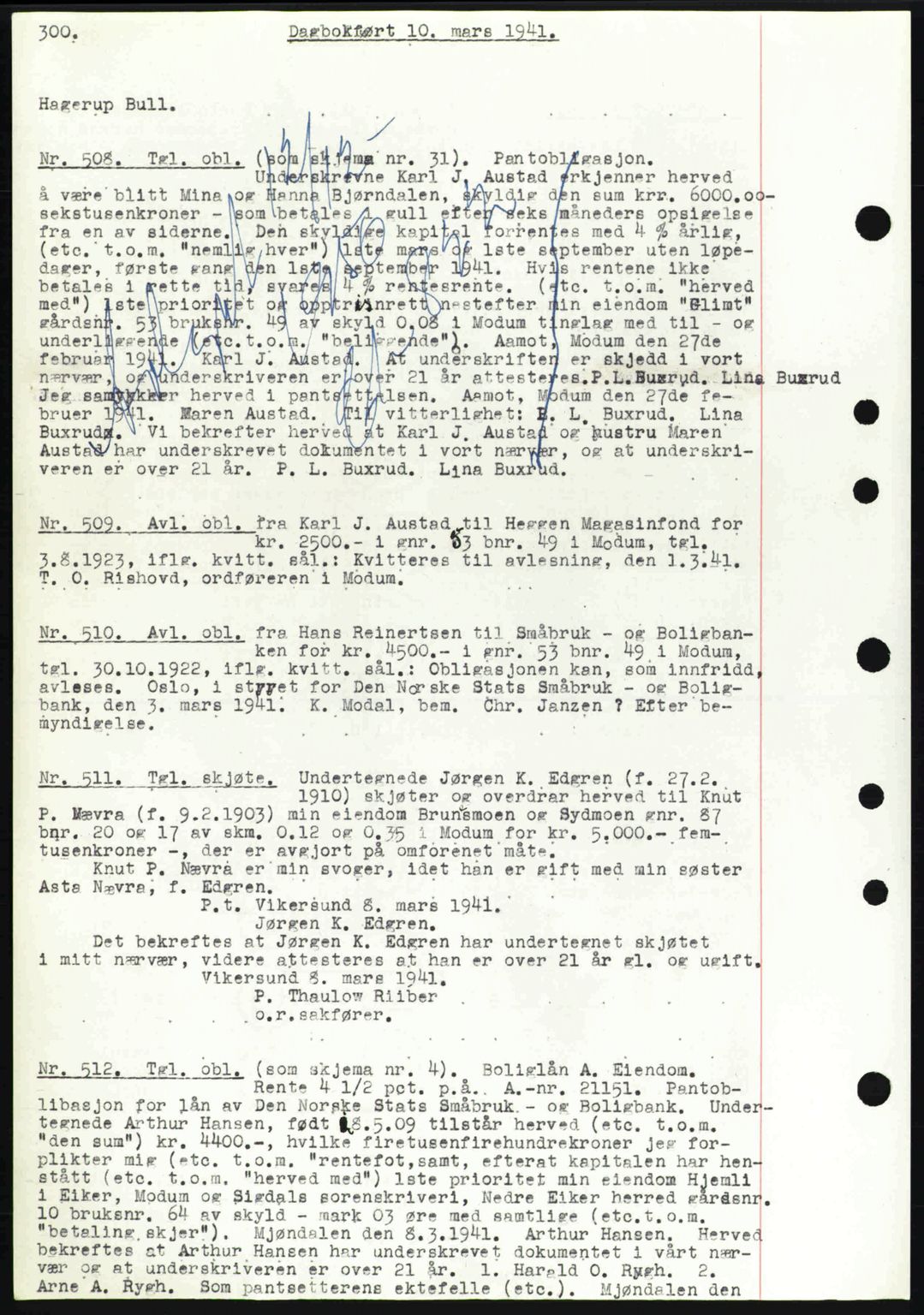 Eiker, Modum og Sigdal sorenskriveri, SAKO/A-123/G/Ga/Gab/L0043: Pantebok nr. A13, 1940-1941, Dagboknr: 508/1941