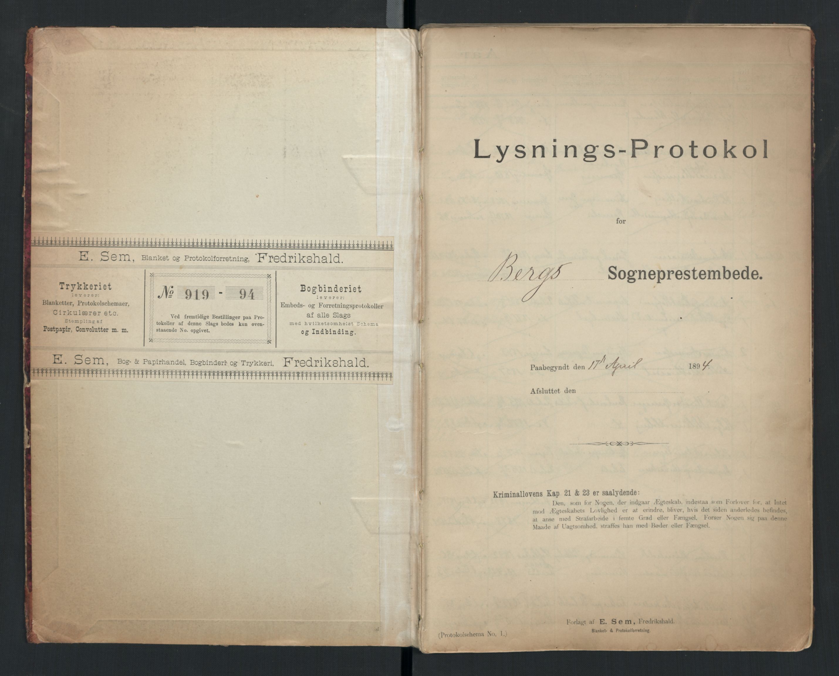 Berg prestekontor Kirkebøker, SAO/A-10902/H/Ha/L0001a: Lysningsprotokoll nr. I 1a, 1894-1922