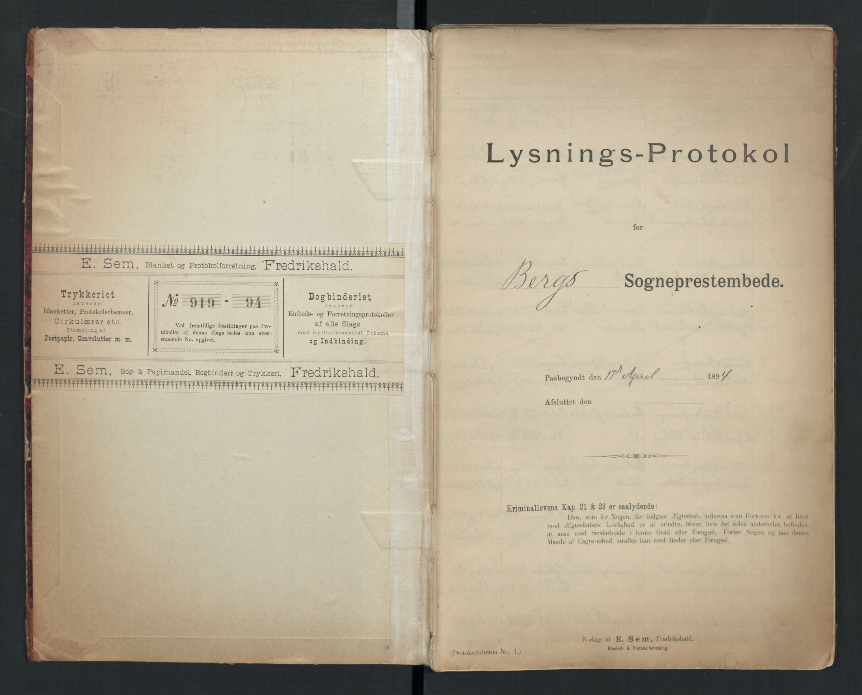 Berg prestekontor Kirkebøker, AV/SAO-A-10902/H/Ha/L0001a: Lysningsprotokoll nr. I 1a, 1894-1922