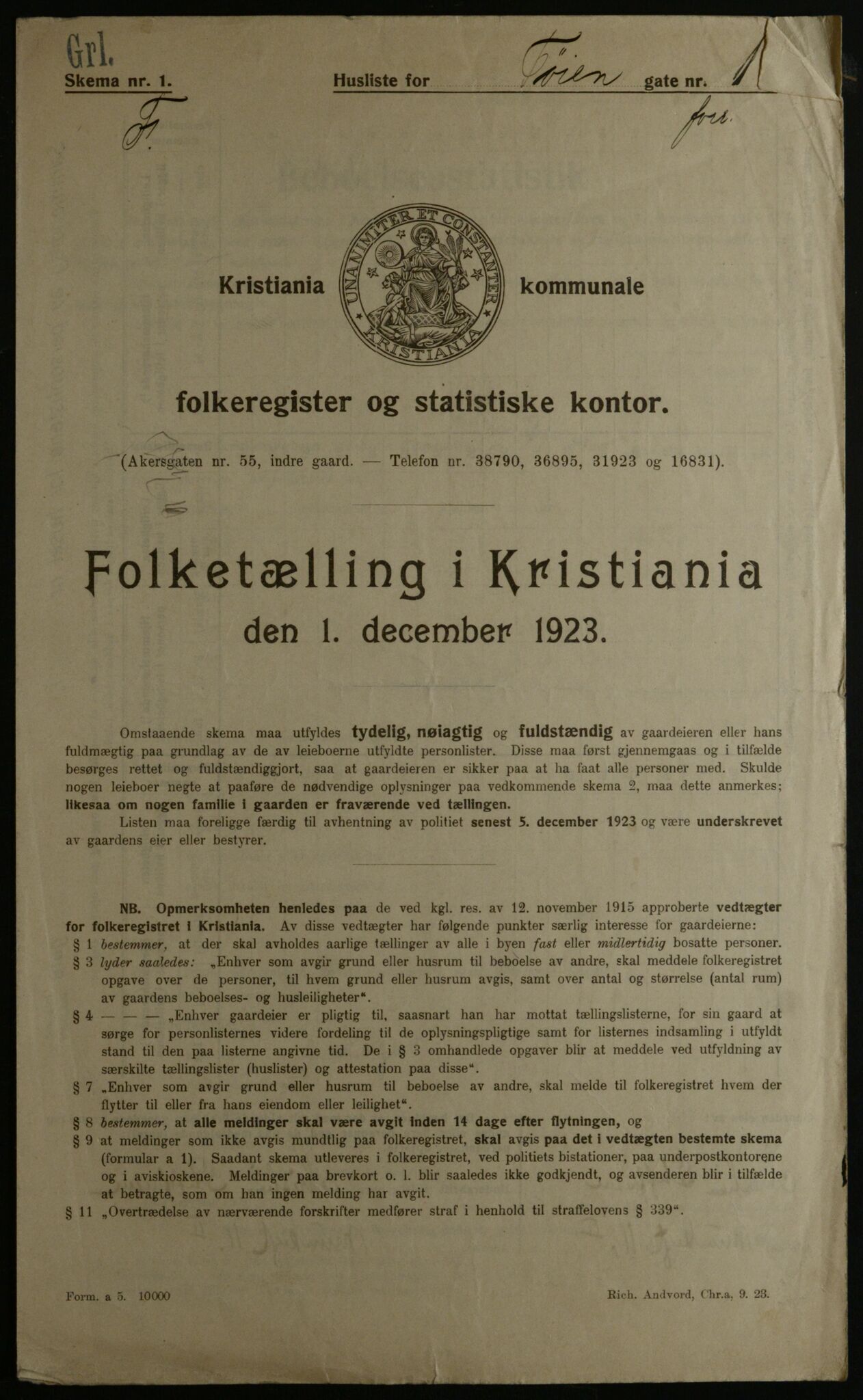 OBA, Kommunal folketelling 1.12.1923 for Kristiania, 1923, s. 129558