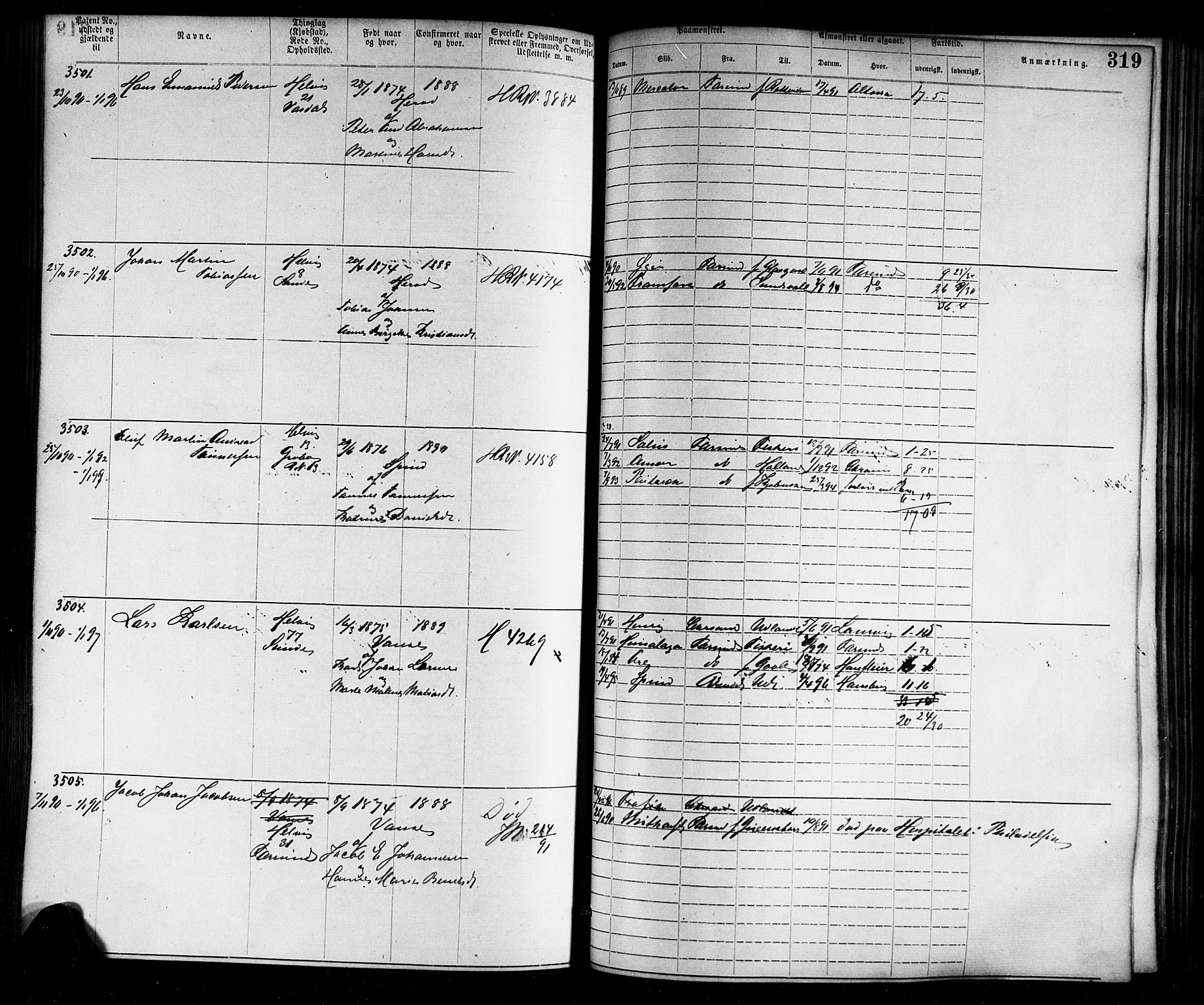 Farsund mønstringskrets, SAK/2031-0017/F/Fa/L0006: Annotasjonsrulle nr 1911-3805 med register, Z-3, 1877-1894, s. 355