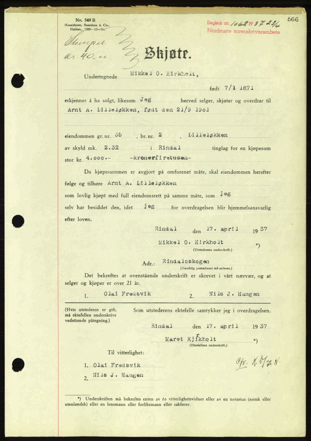 Nordmøre sorenskriveri, SAT/A-4132/1/2/2Ca: Pantebok nr. A81, 1937-1937, Dagboknr: 1062/1937