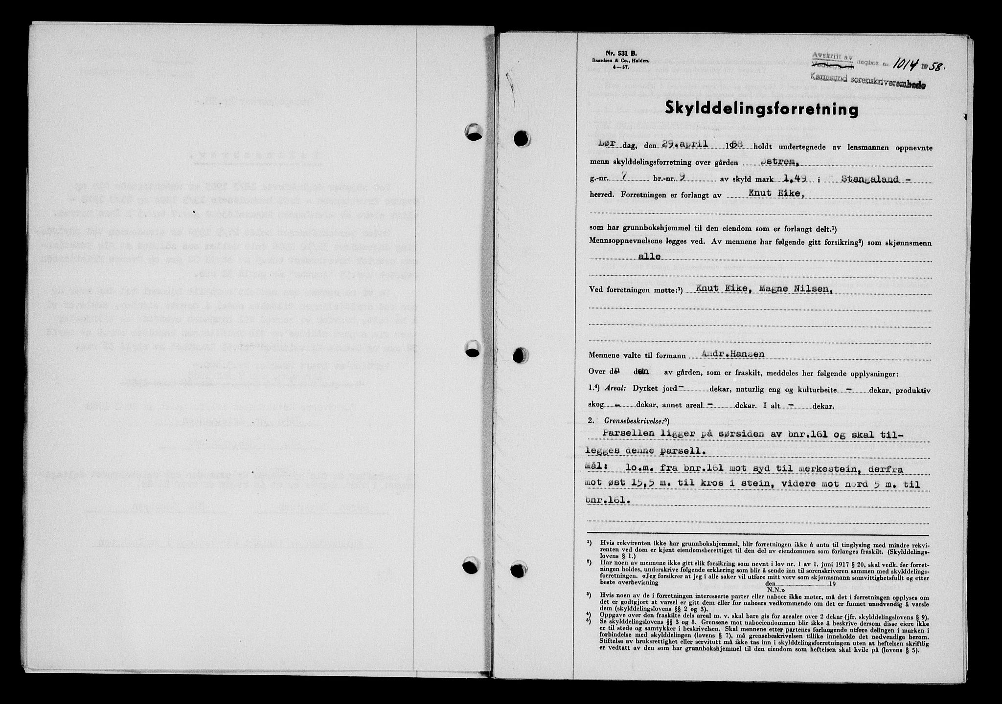 Karmsund sorenskriveri, SAST/A-100311/01/II/IIB/L0128: Pantebok nr. 108A, 1958-1958, Dagboknr: 1014/1958
