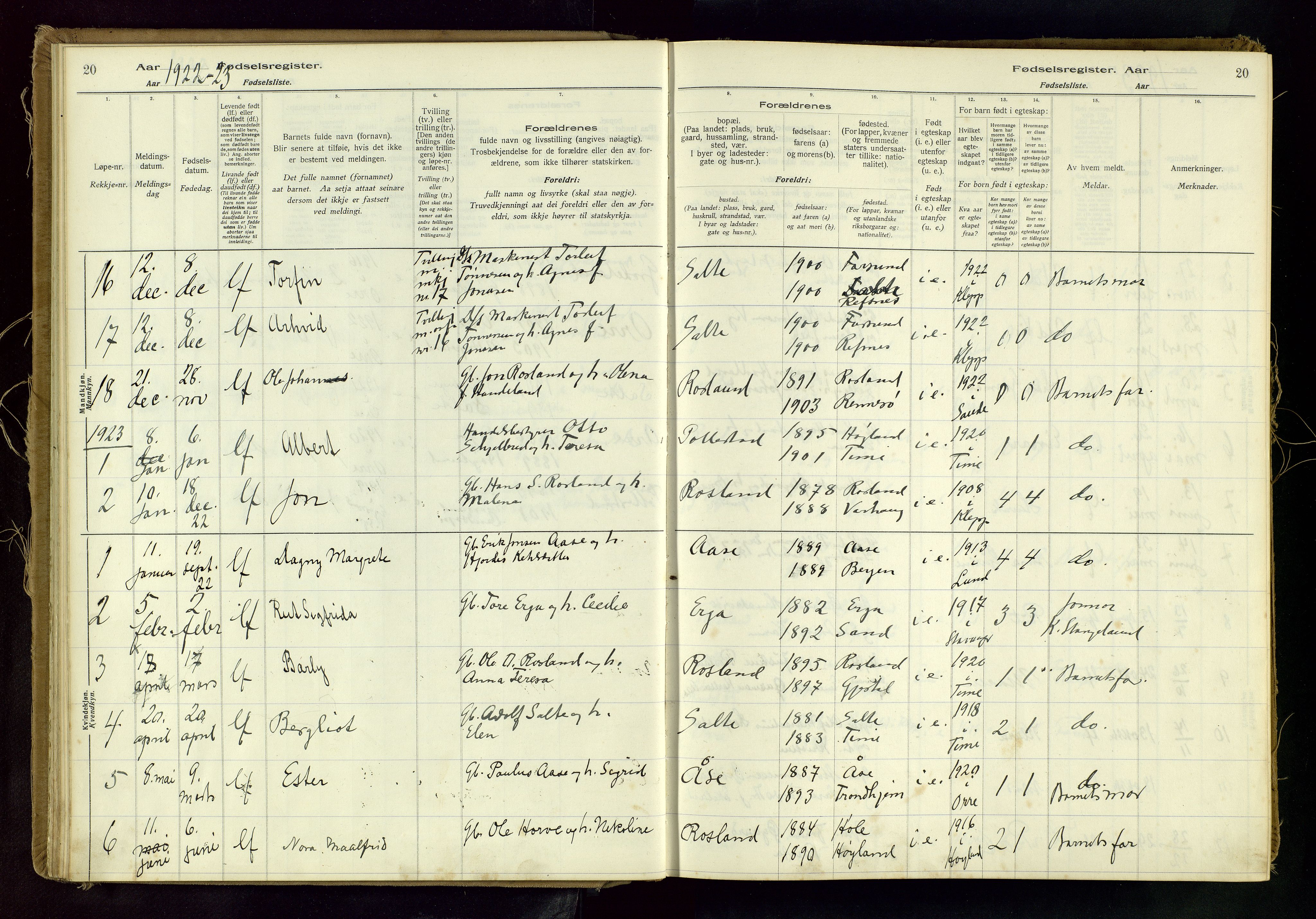 Klepp sokneprestkontor, SAST/A-101803/001/704BAC/L0001: Fødselsregister nr. 1, 1916-1982, s. 20