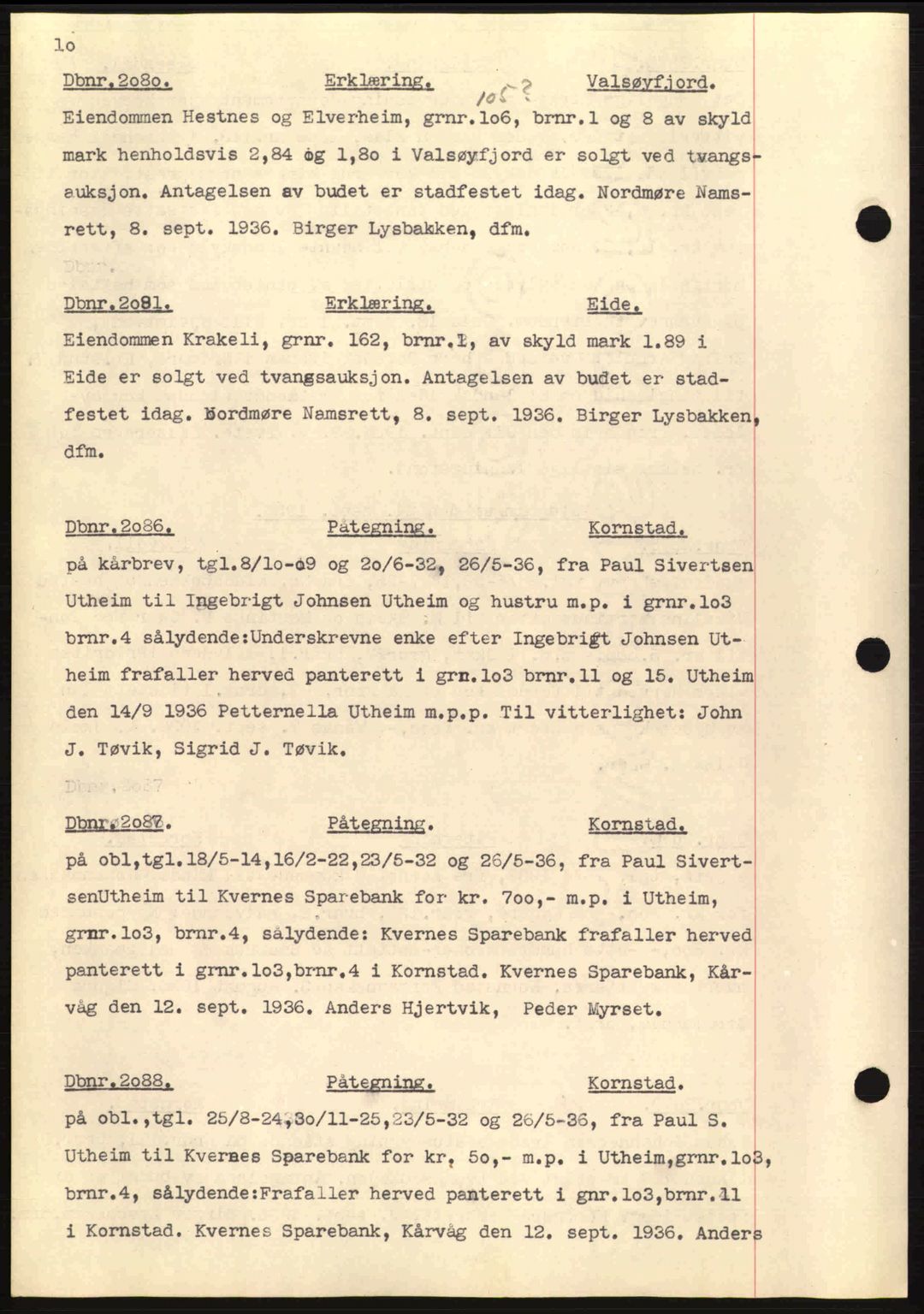 Nordmøre sorenskriveri, SAT/A-4132/1/2/2Ca: Pantebok nr. C80, 1936-1939, Dagboknr: 2080/1936
