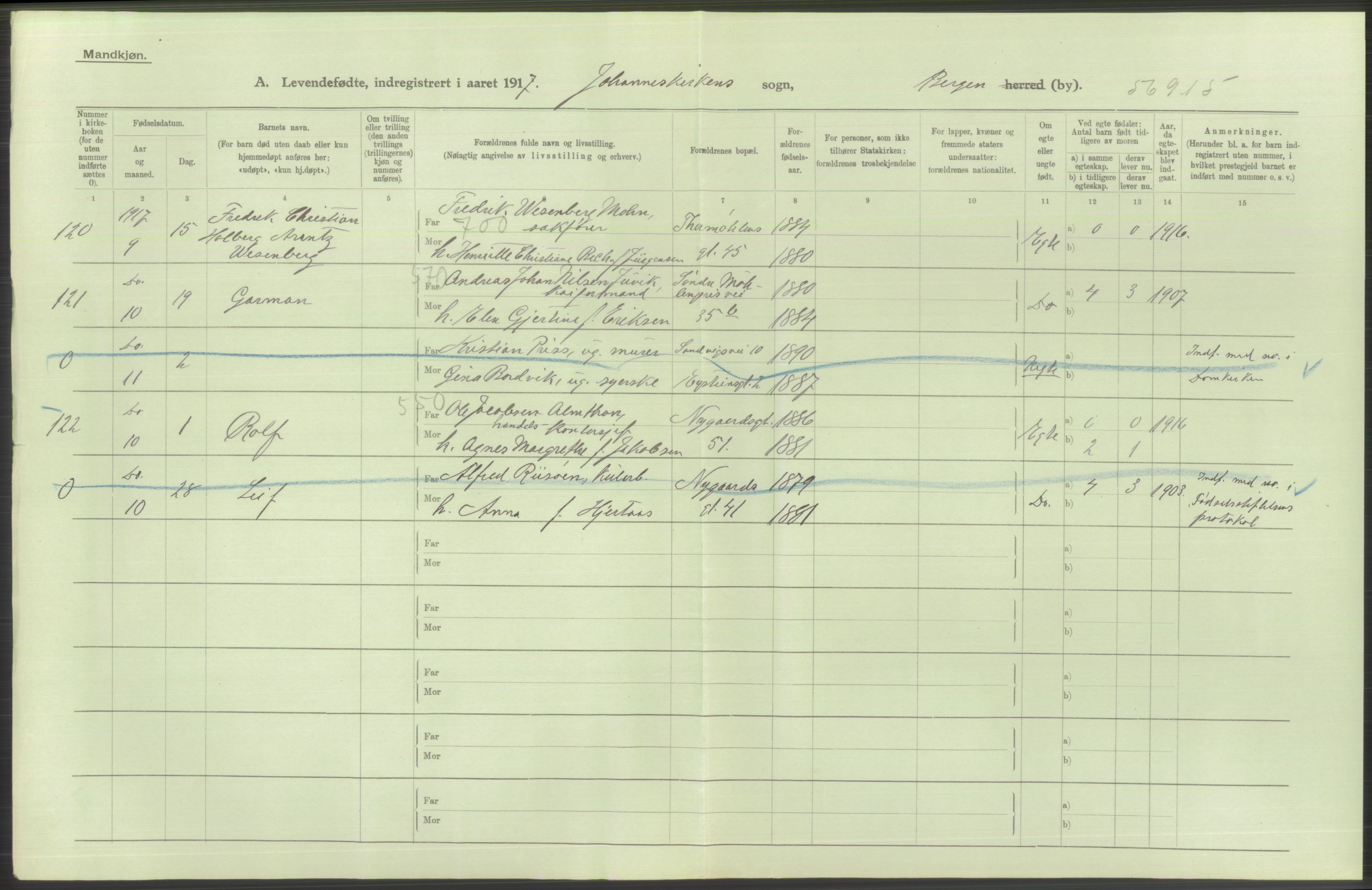 Statistisk sentralbyrå, Sosiodemografiske emner, Befolkning, AV/RA-S-2228/D/Df/Dfb/Dfbg/L0037: Bergen: Levendefødte menn og kvinner., 1917, s. 204