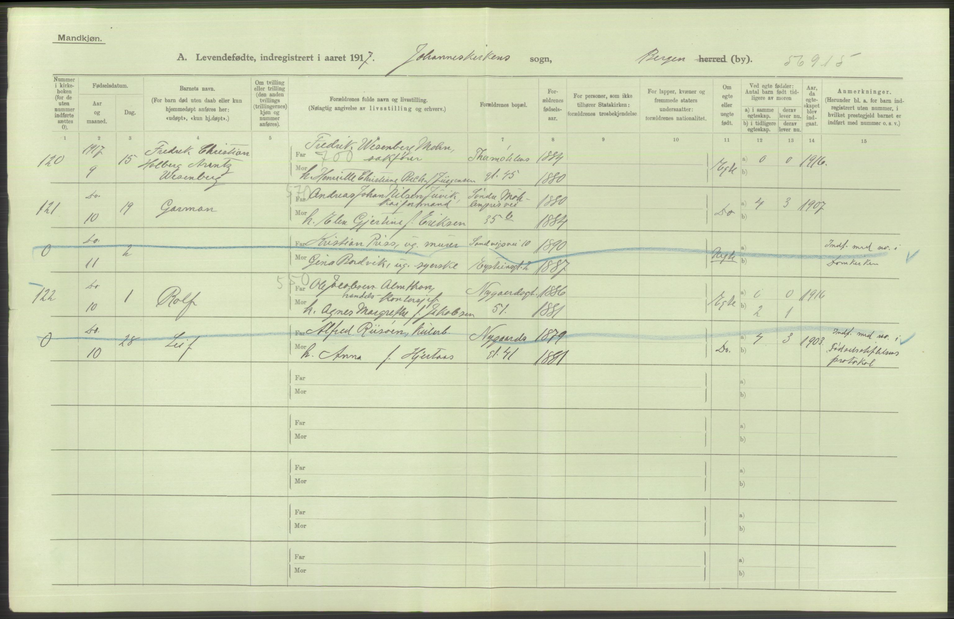 Statistisk sentralbyrå, Sosiodemografiske emner, Befolkning, RA/S-2228/D/Df/Dfb/Dfbg/L0037: Bergen: Levendefødte menn og kvinner., 1917, s. 204