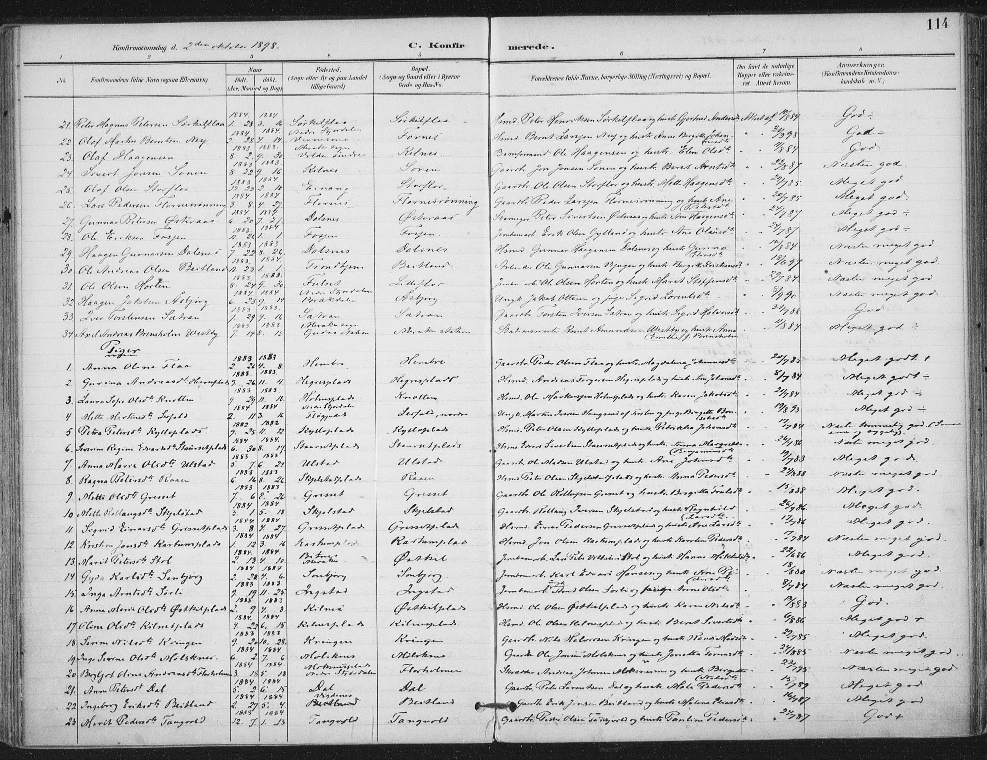 Ministerialprotokoller, klokkerbøker og fødselsregistre - Nord-Trøndelag, AV/SAT-A-1458/703/L0031: Ministerialbok nr. 703A04, 1893-1914, s. 114