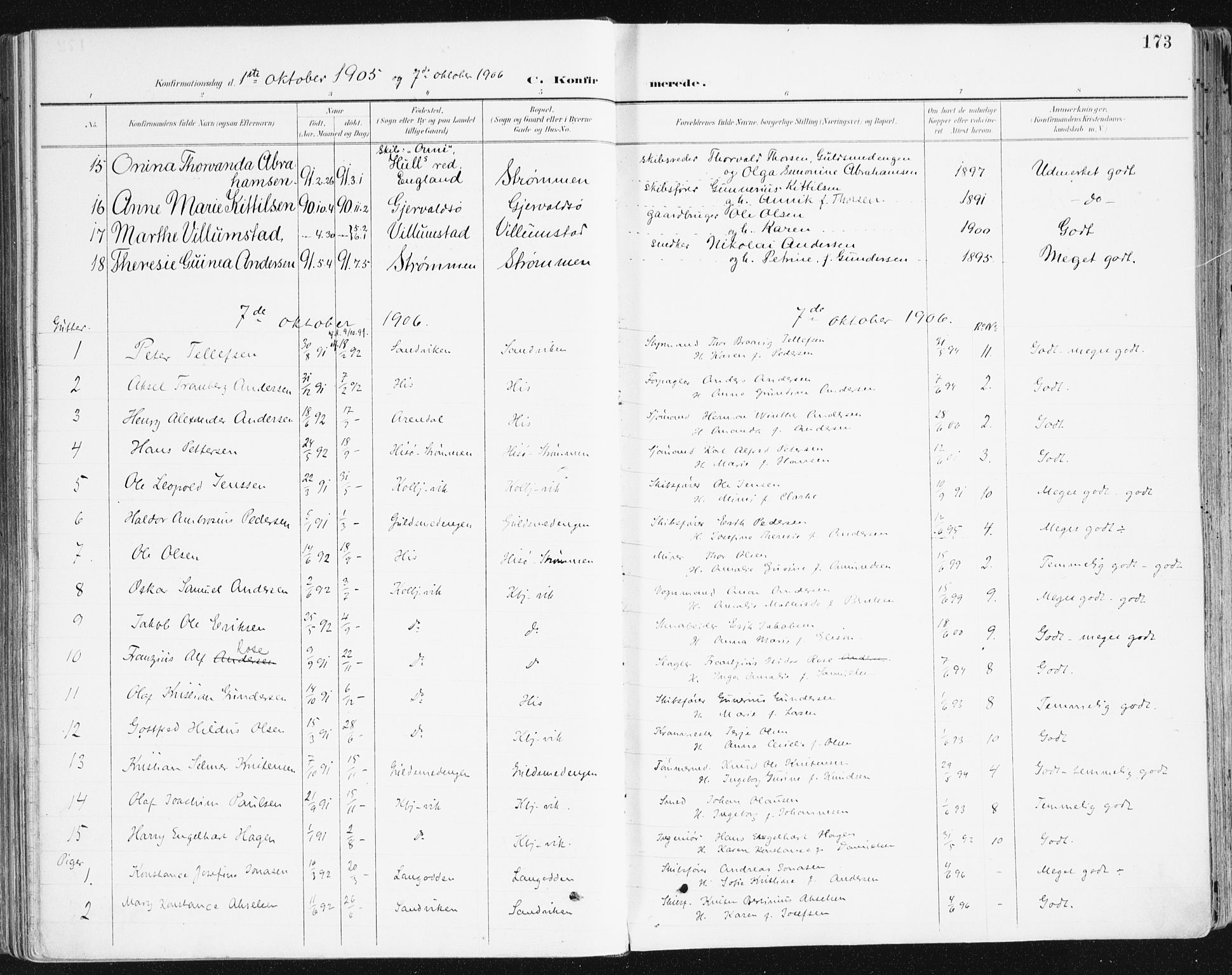 Hisøy sokneprestkontor, AV/SAK-1111-0020/F/Fa/L0004: Ministerialbok nr. A 4, 1895-1917, s. 173