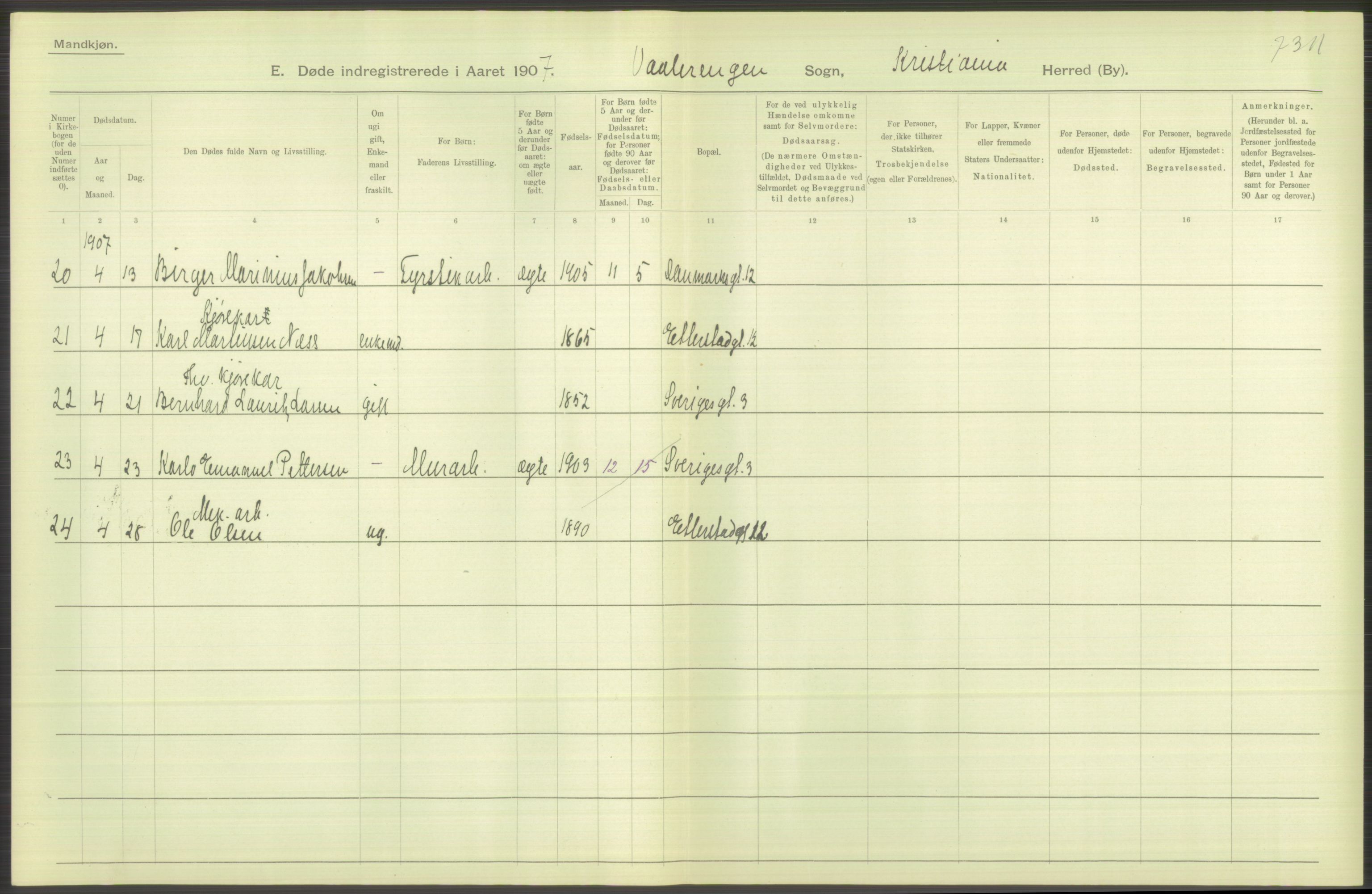 Statistisk sentralbyrå, Sosiodemografiske emner, Befolkning, RA/S-2228/D/Df/Dfa/Dfae/L0009: Kristiania: Døde, 1907, s. 102