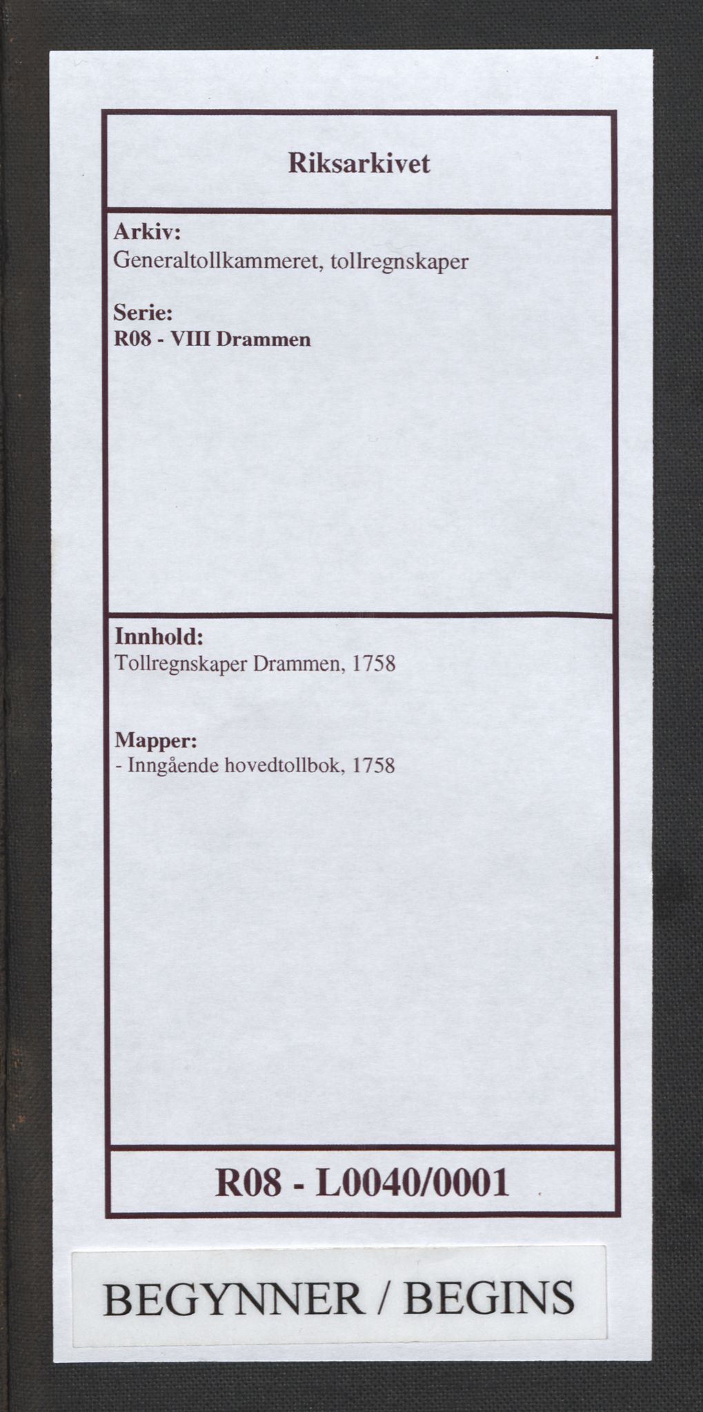 Generaltollkammeret, tollregnskaper, RA/EA-5490/R08/L0040/0001: Tollregnskaper Drammen / Inngående hovedtollbok, 1758