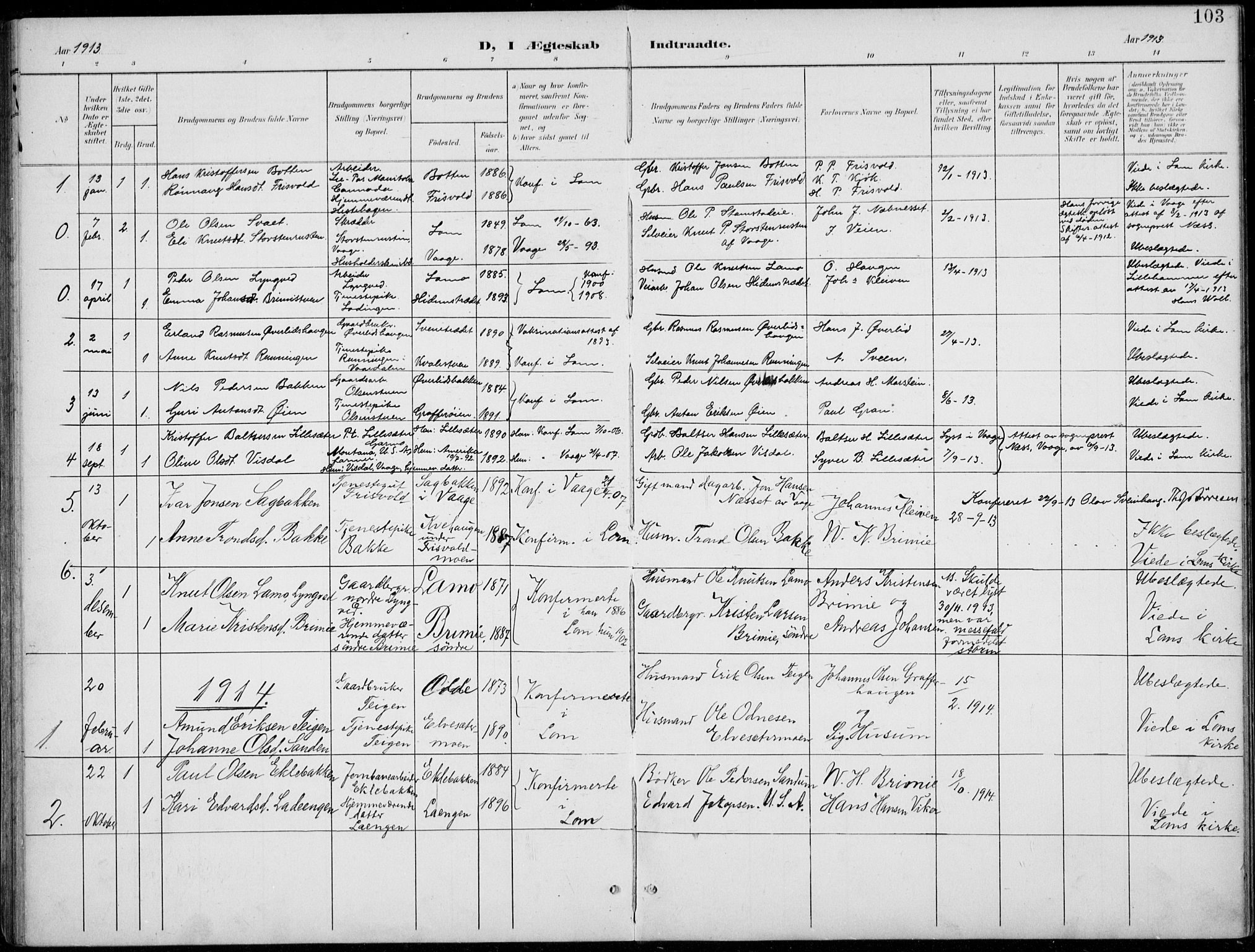 Lom prestekontor, AV/SAH-PREST-070/L/L0006: Klokkerbok nr. 6, 1901-1939, s. 103