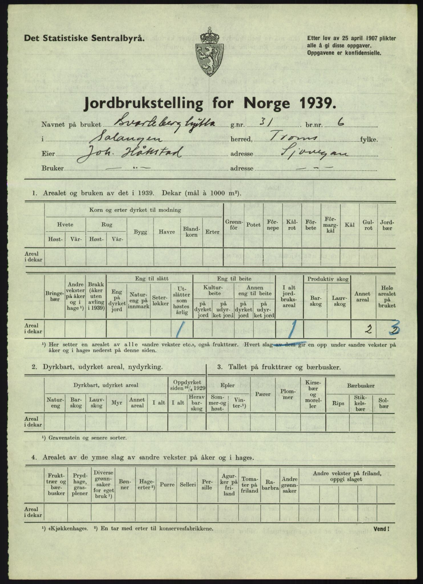 Statistisk sentralbyrå, Næringsøkonomiske emner, Jordbruk, skogbruk, jakt, fiske og fangst, AV/RA-S-2234/G/Gb/L0340: Troms: Salangen og Dyrøy, 1939, s. 13