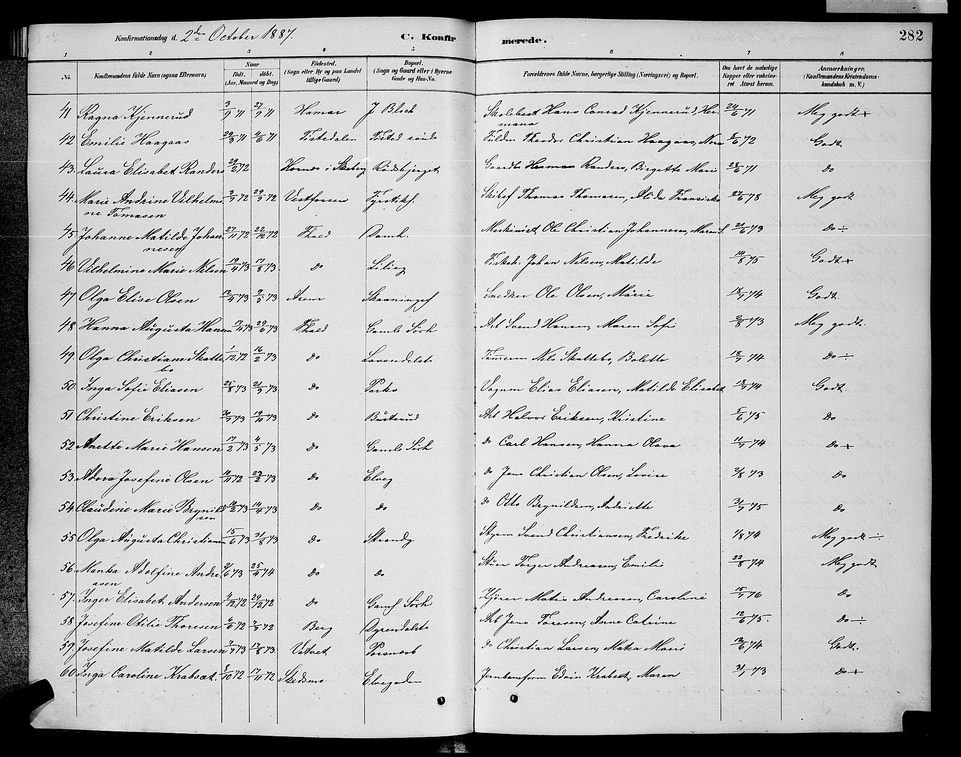 Halden prestekontor Kirkebøker, AV/SAO-A-10909/G/Ga/L0008: Klokkerbok nr. 8, 1885-1899, s. 282