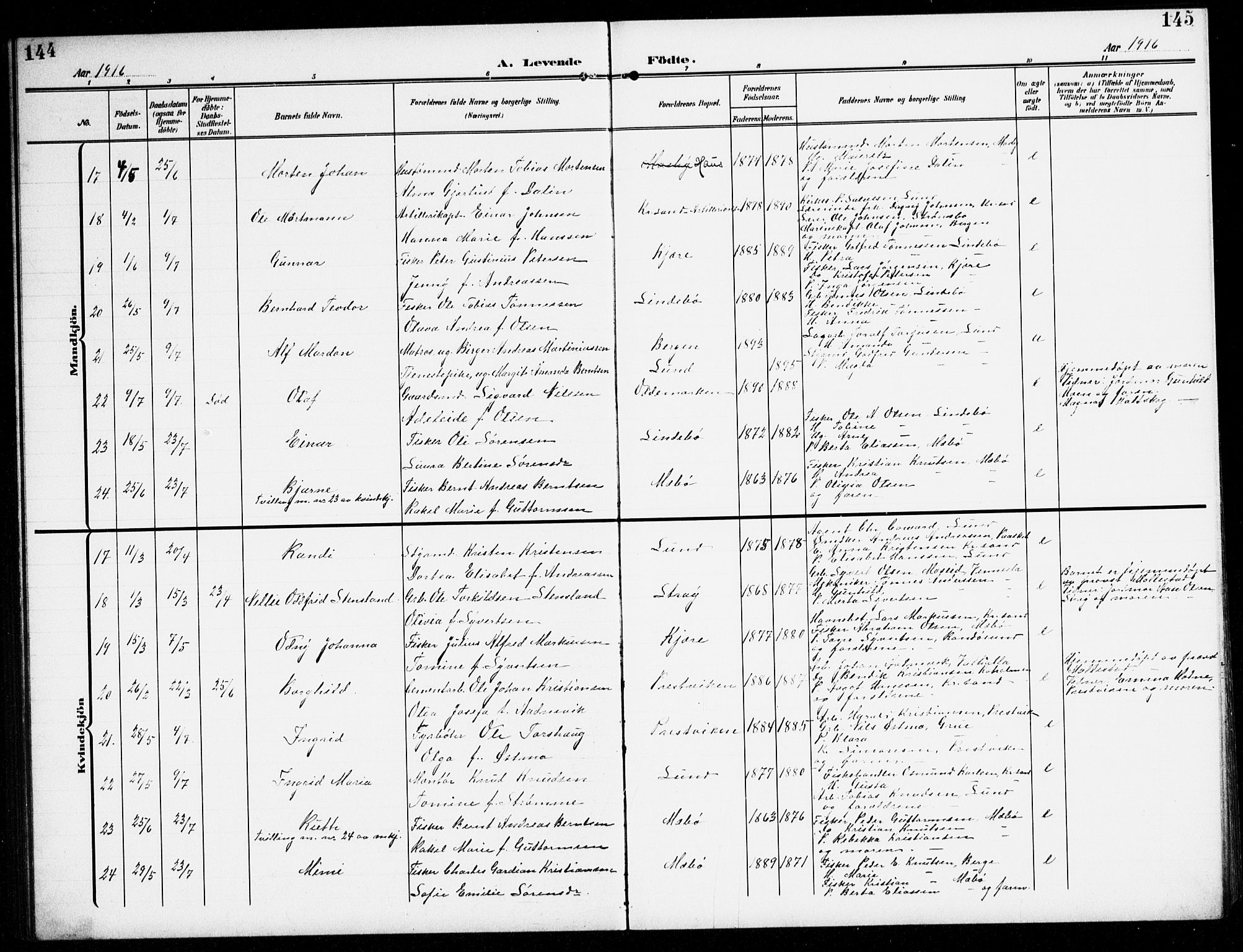 Oddernes sokneprestkontor, AV/SAK-1111-0033/F/Fb/Fba/L0010: Klokkerbok nr. B 10, 1907-1941, s. 144-145