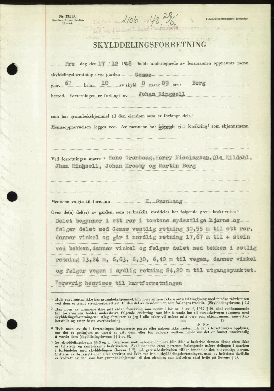 Idd og Marker sorenskriveri, SAO/A-10283/G/Gb/Gbb/L0011: Pantebok nr. A11, 1948-1949, Dagboknr: 2106/1948