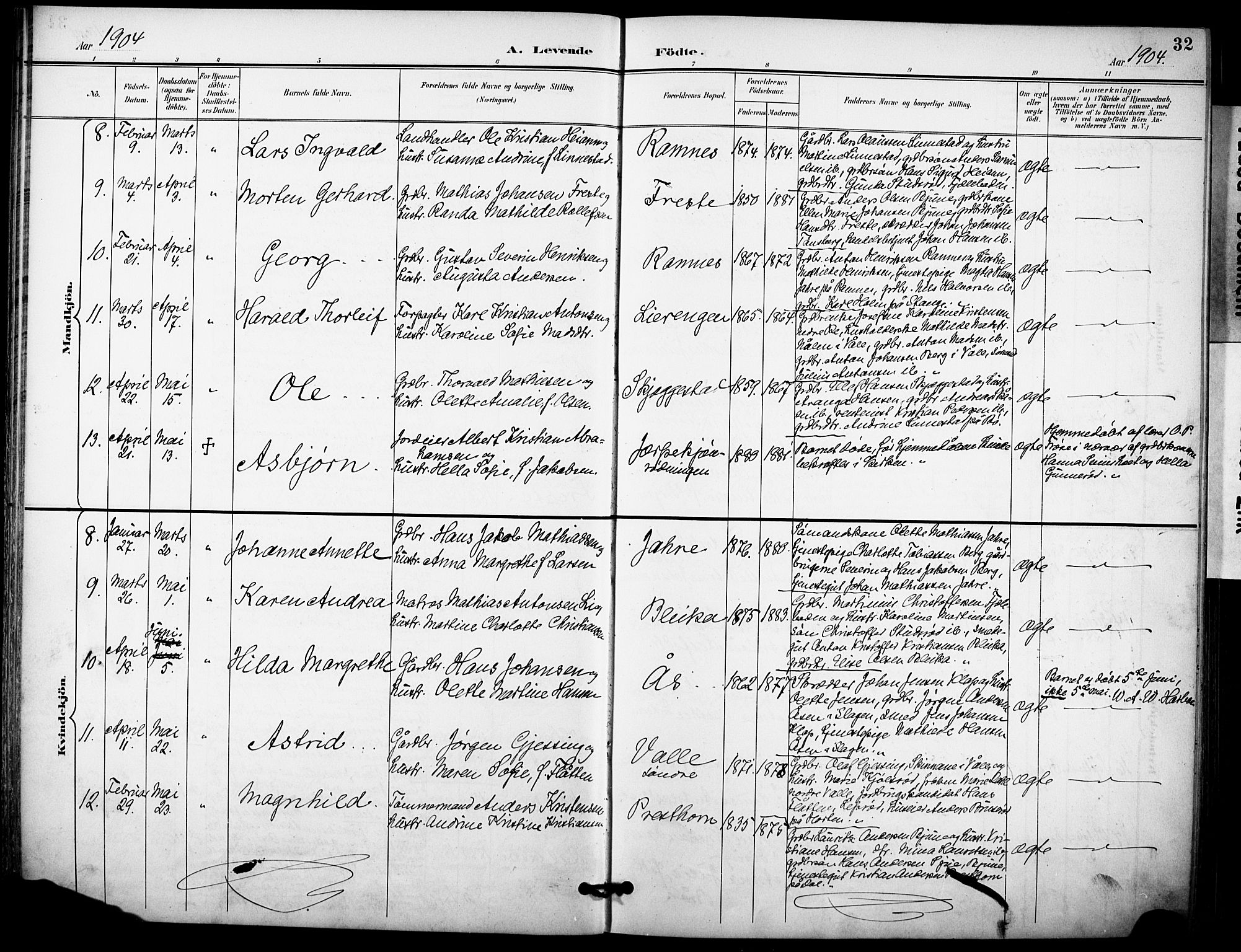 Ramnes kirkebøker, AV/SAKO-A-314/F/Fa/L0008: Ministerialbok nr. I 8, 1896-1913, s. 32