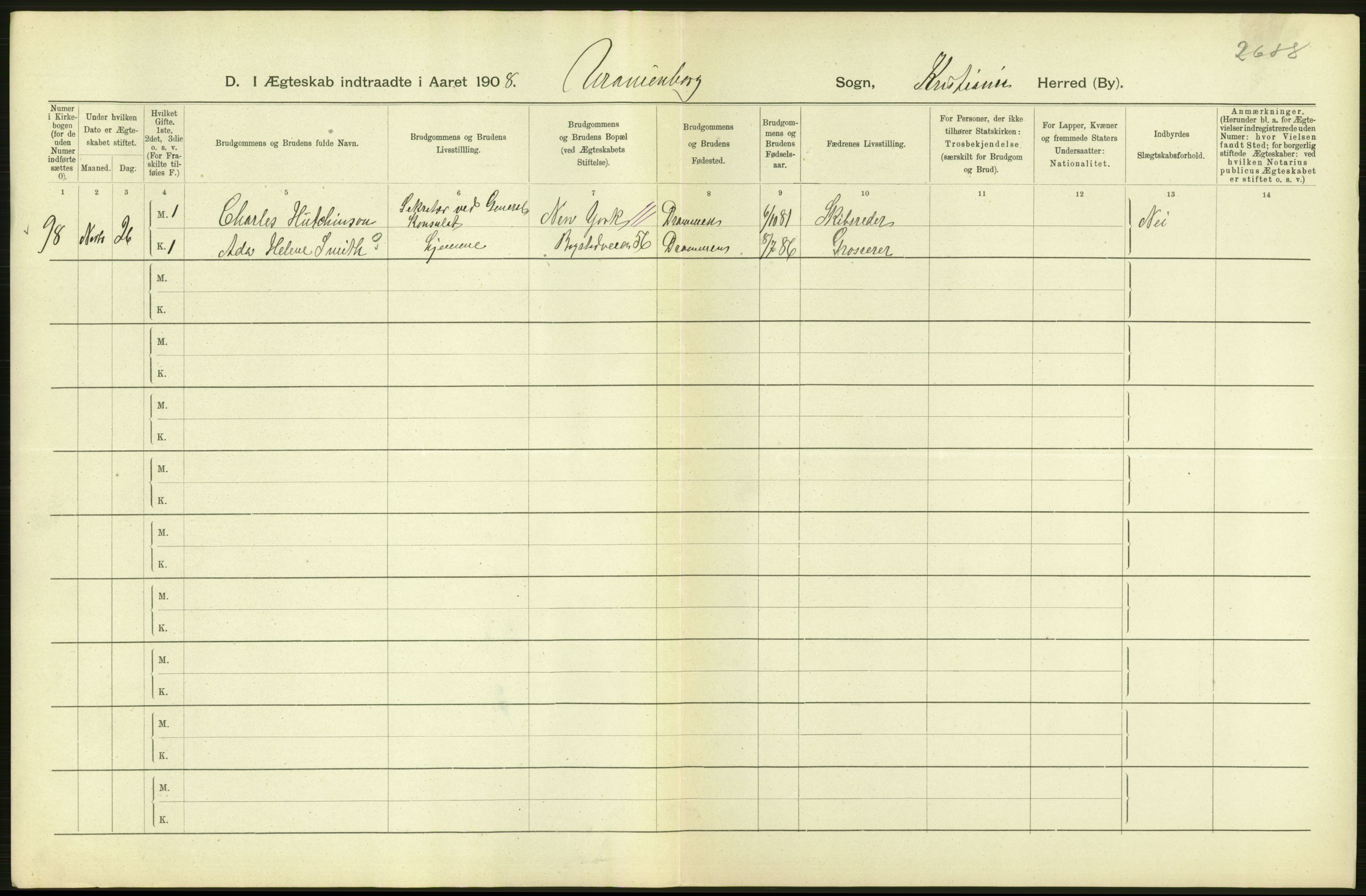 Statistisk sentralbyrå, Sosiodemografiske emner, Befolkning, AV/RA-S-2228/D/Df/Dfa/Dfaf/L0007: Kristiania: Gifte, 1908, s. 486